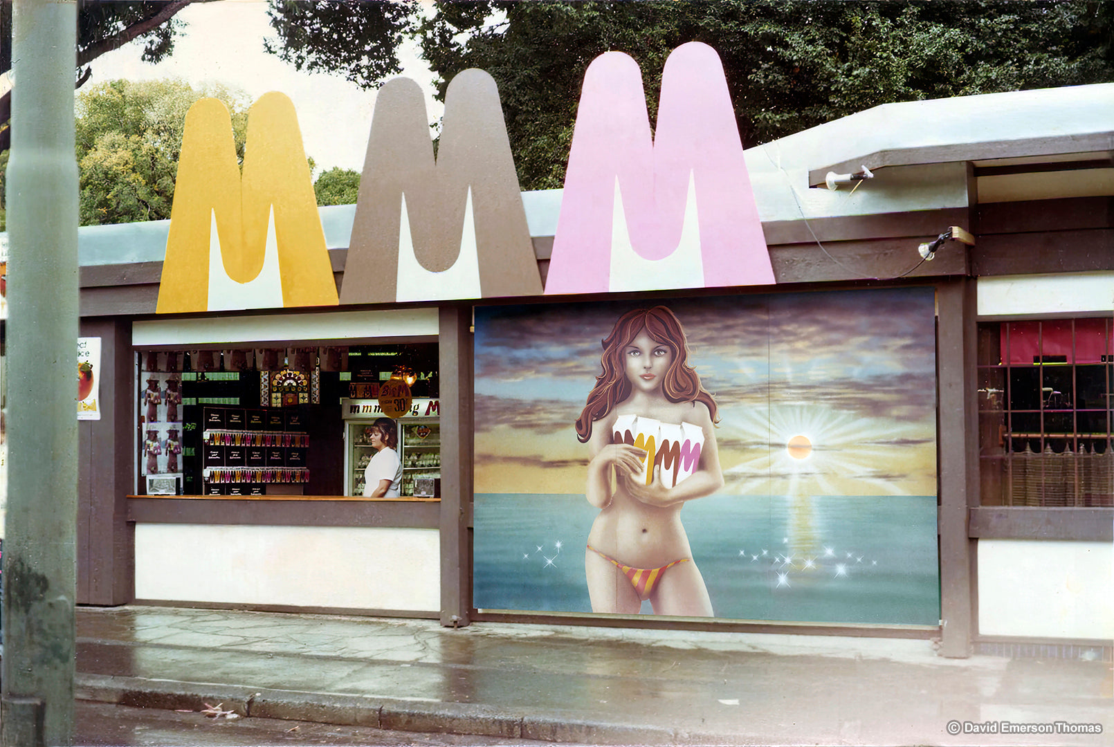 Hand-Painted Mural + Cutouts for Big M Launch acrylic on board (10ft x 20ft) by Australian artist David E Thomas, 1978. Royal Melbourne Show