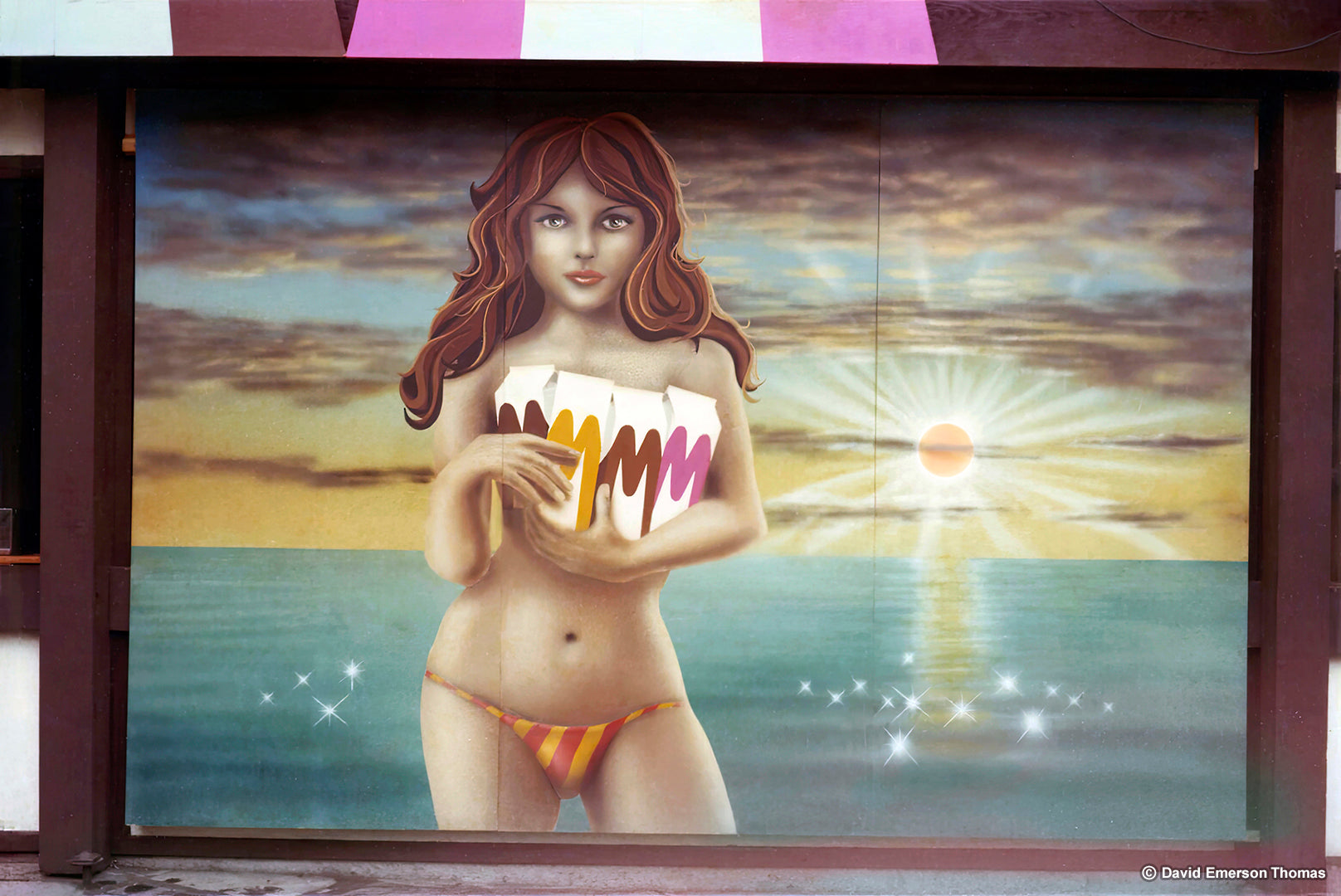 Hand-Painted Mural for Big M Launch acrylic on board (10ft x 20ft) by Australian artist David E Thomas, 1978. Royal Melbourne Show