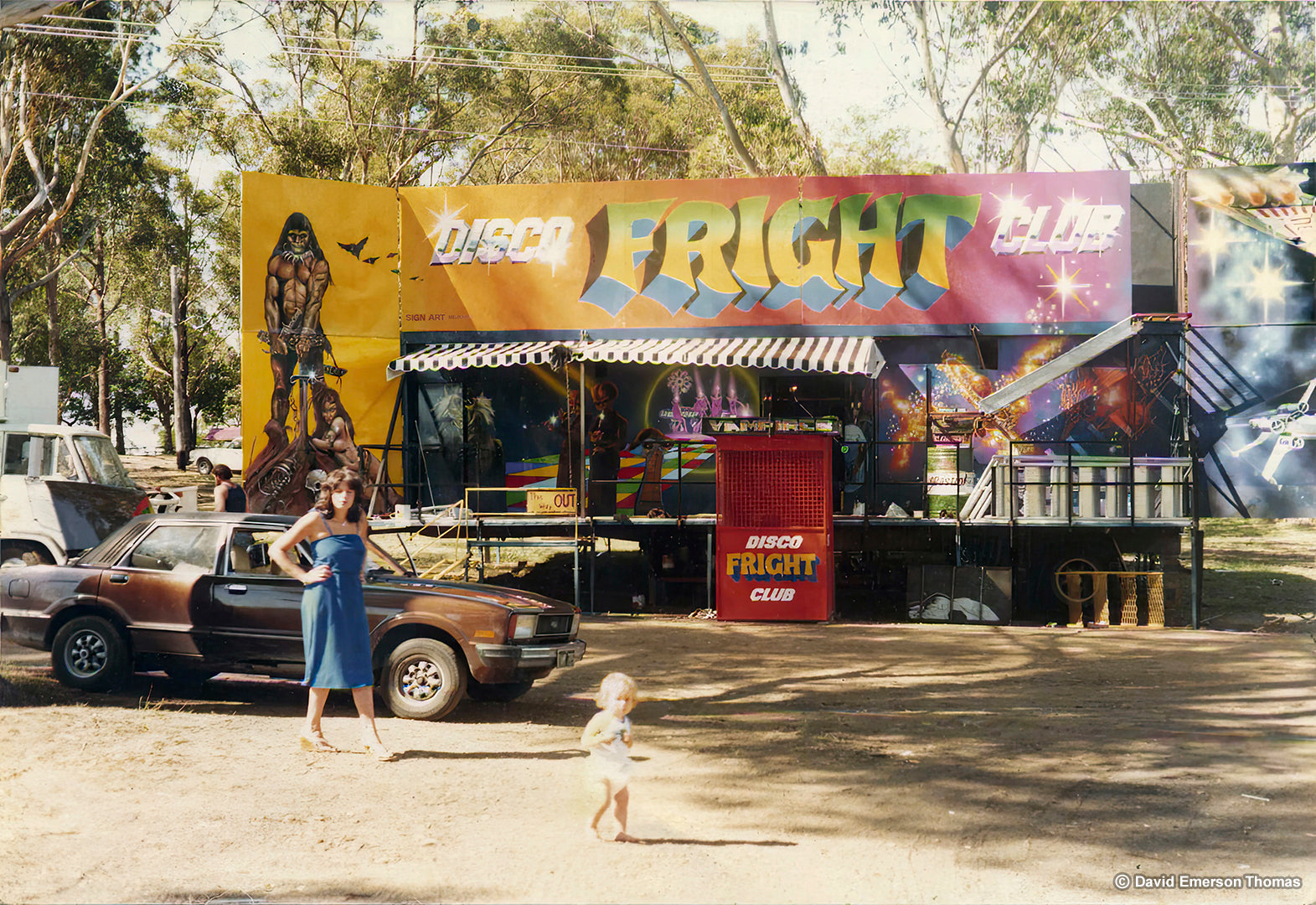 Carnival Ride Artwork with Various Sci-fi Film Characters (Featuring David's Wife, Glenda, & First Son, Mark) Photo 02 sign enamel by Australian artist David E Thomas, Artwork Created: 1977 & This Photo: 1979. Nowra, New South Wales, Australia