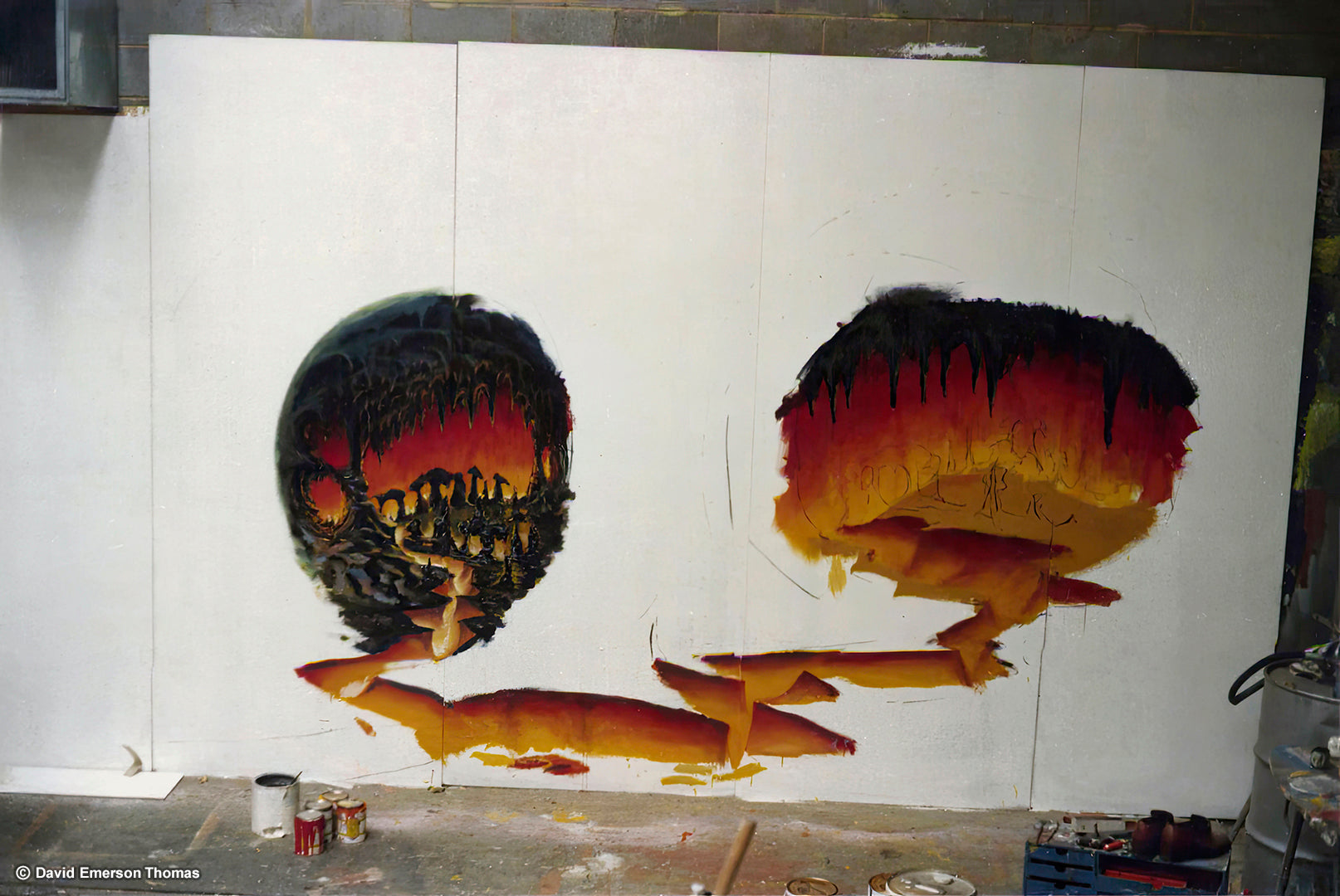 Ghost Train Entrance Artwork for Luna Park Melbourne (Work in Progress) acrylic on board by Australian artist David E Thomas, 1980. Workshop in Knoxfield, Victoria, Australia