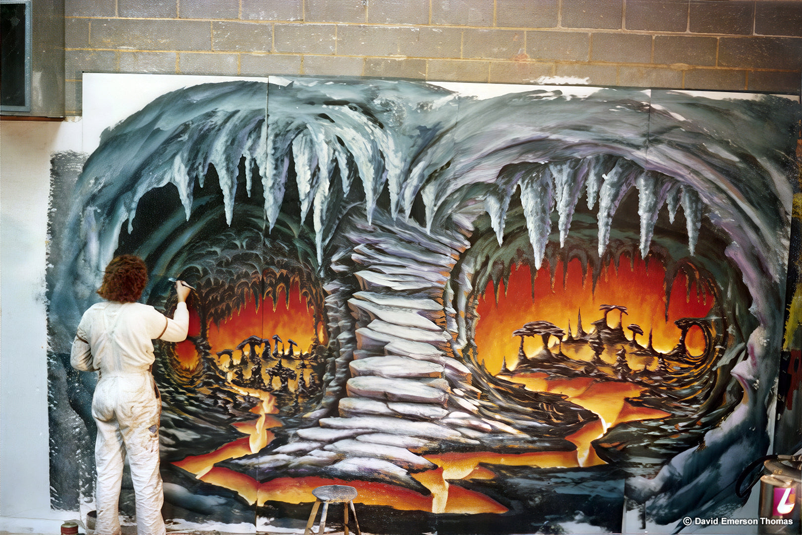 Ghost Train Entrance Artwork for Luna Park Melbourne (David in Action) acrylic on board by Australian artist David E Thomas, 1980. Workshop in Knoxfield, Victoria, Australia