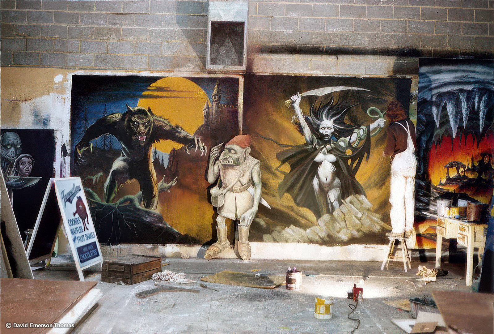 Ghost Train Entrance Artwork + Creepy Character Cutouts for Luna Park Melbourne (David in Action) acrylic on board by Australian artist David E Thomas, 1980. Workshop in Knoxfield, Victoria, Australia