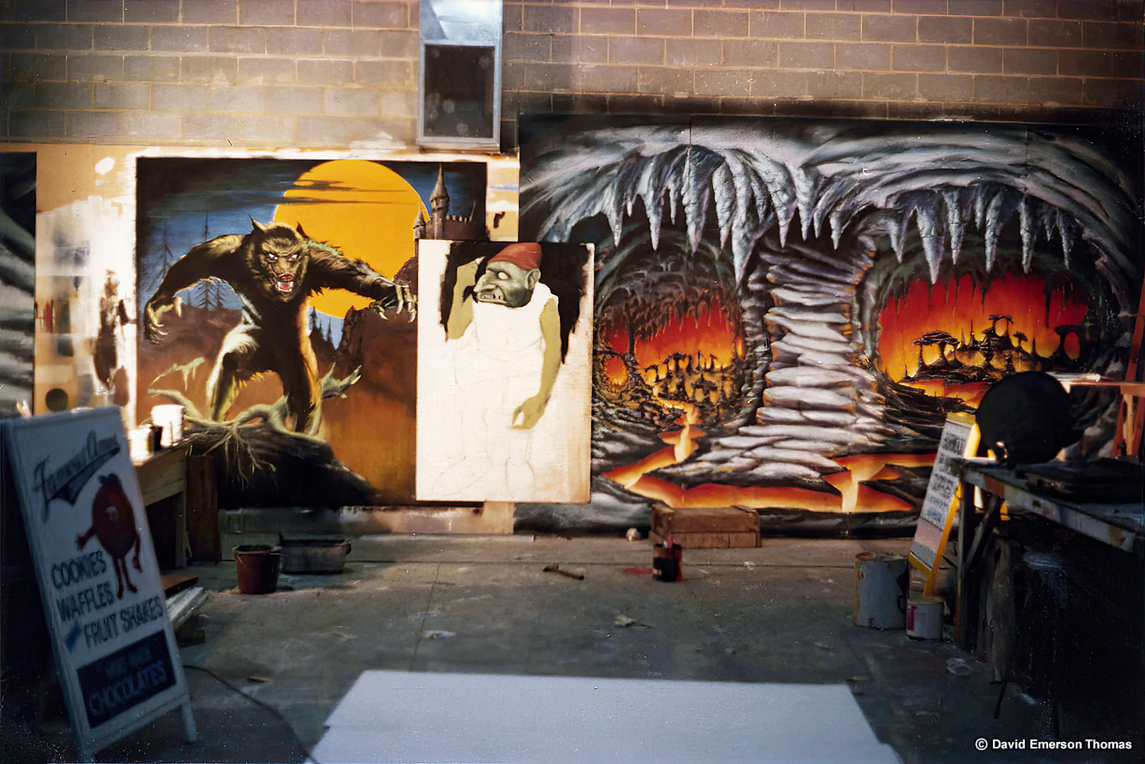 Ghost Train Entrance Artwork + Creepy Character Cutouts for Luna Park Melbourne (Work in Progress) acrylic on board by Australian artist David E Thomas, 1980. Workshop in Knoxfield, Victoria, Australia