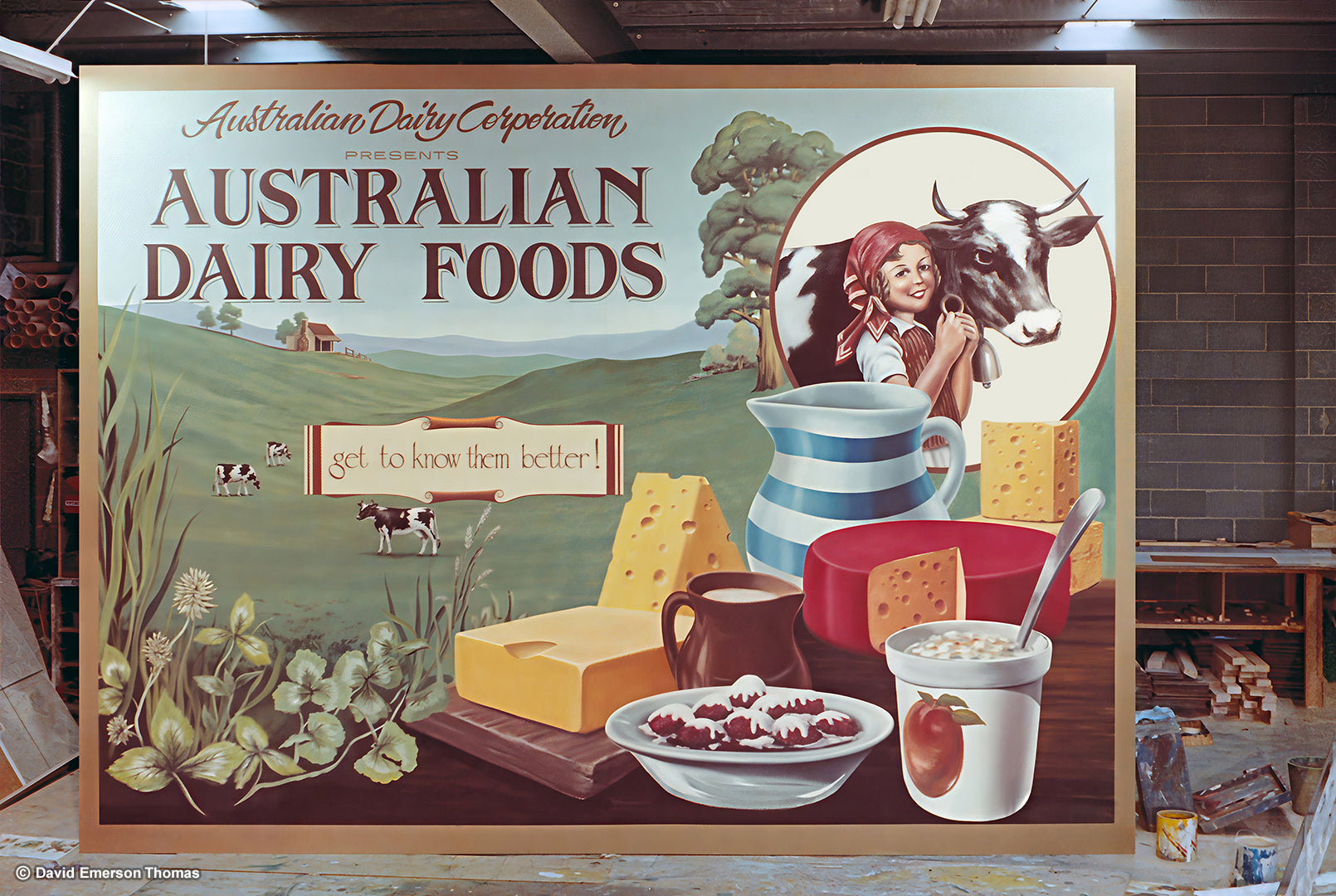 Australian Dairy Corporation Promotion (Completed) scenic paint on plywood by Australian artist David E Thomas, 1981. Workshop in Knoxfield, Victoria, Australia