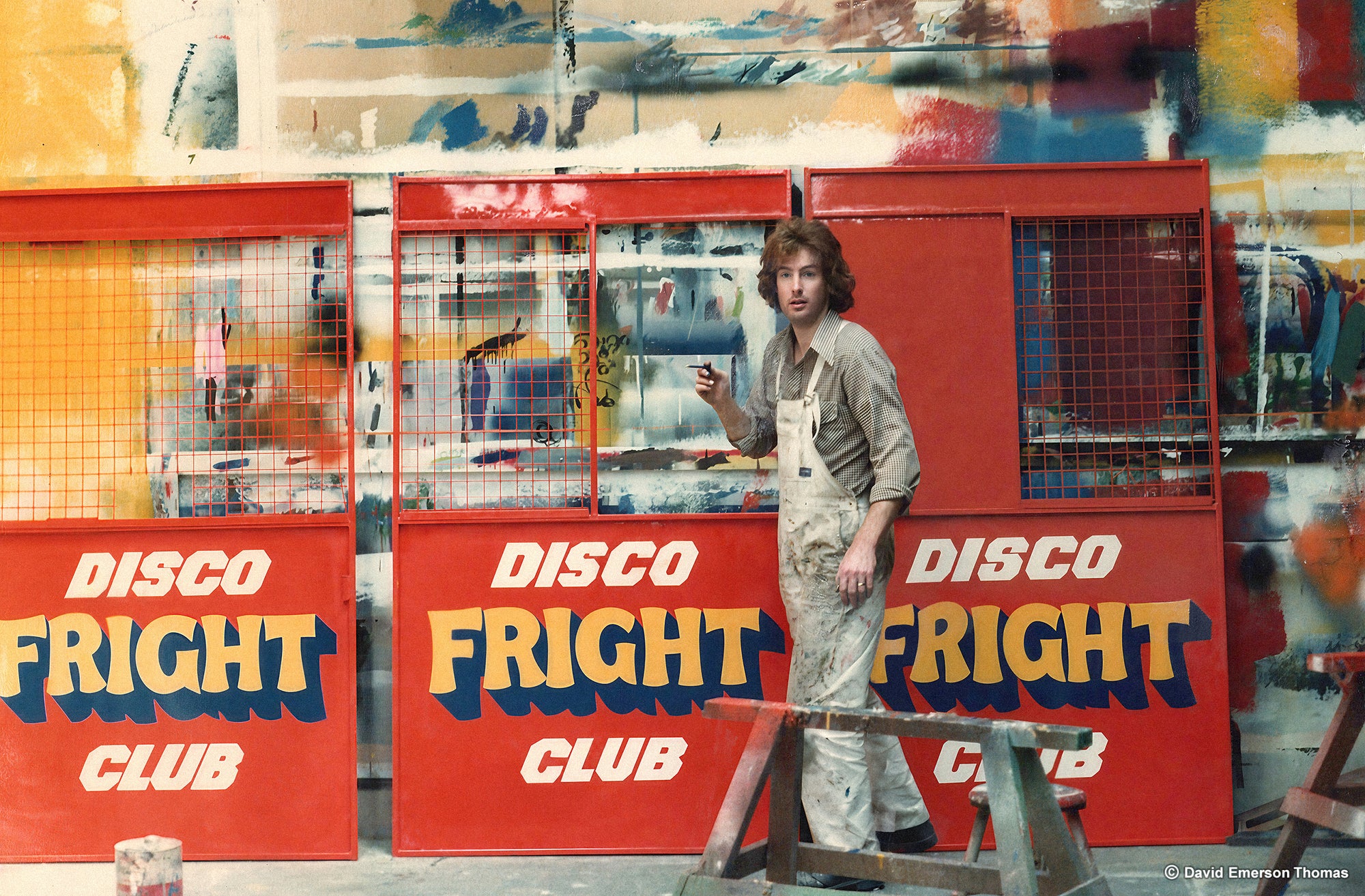 David in Action - Carnival Ride Artwork with Various Sci-fi Film Characters (Featuring David's Wife, Glenda, & First Son, Mark) sign enamel by Australian artist David E Thomas, 1977. Workshop in Knoxfield, Victoria, Australia
