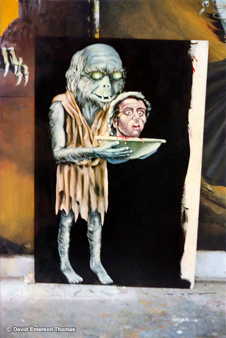 Ghostly Ghoul with Human Head on Plate - Ghost Train Artwork for Luna Park Melbourne acrylic on board by Australian artist David E Thomas, 1980. Workshop in Knoxfield, Victoria, Australia