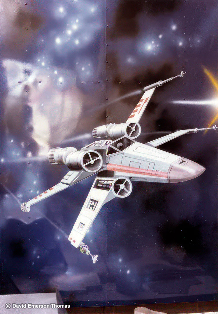 T-65 X-Wing Starfighter from Star Wars (1977) - Carnival Ride Artwork sign enamel by Australian artist David E Thomas, Artwork Created: 1977 & This Photo: 1979. Nowra, New South Wales, Australia