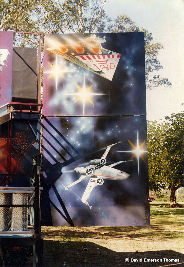 NEL-07 Ship from Alien (1979) + T-65 X-Wing Starfighter from Star Wars (1977) - Carnival Ride Artwork sign enamel by Australian artist David E Thomas, Artwork Created: 1977 & This Photo: 1979. Nowra, New South Wales, Australia