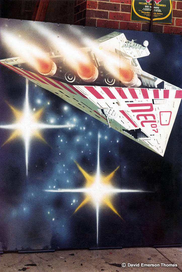 NEL-07 Ship from Alien (1979) - Carnival Ride Artwork sign enamel by Australian artist David E Thomas, Artwork Created: 1977 & This Photo: 1979. Nowra, New South Wales, Australia