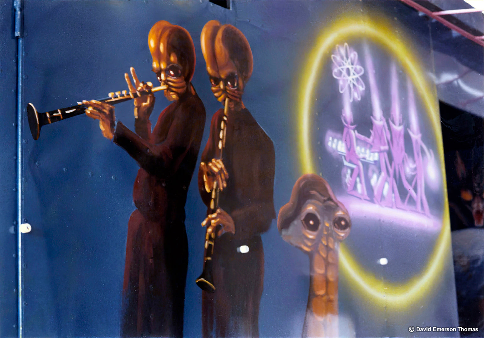 Mos Eisley Cantina Band from Star Wars (1977) - Carnival Ride Artwork sign enamel by Australian artist David E Thomas, Artwork Created: 1977 & This Photo: 1979. Nowra, New South Wales, Australia