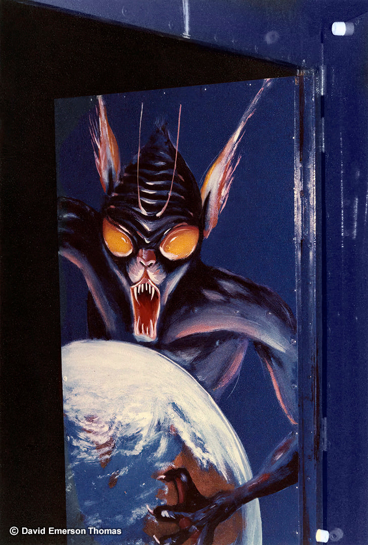 Cosmic Monster - Carnival Ride Artwork (Close-Up) sign enamel by Australian artist David E Thomas, Artwork Created: 1977 & This Photo: 1979. Nowra, New South Wales, Australia