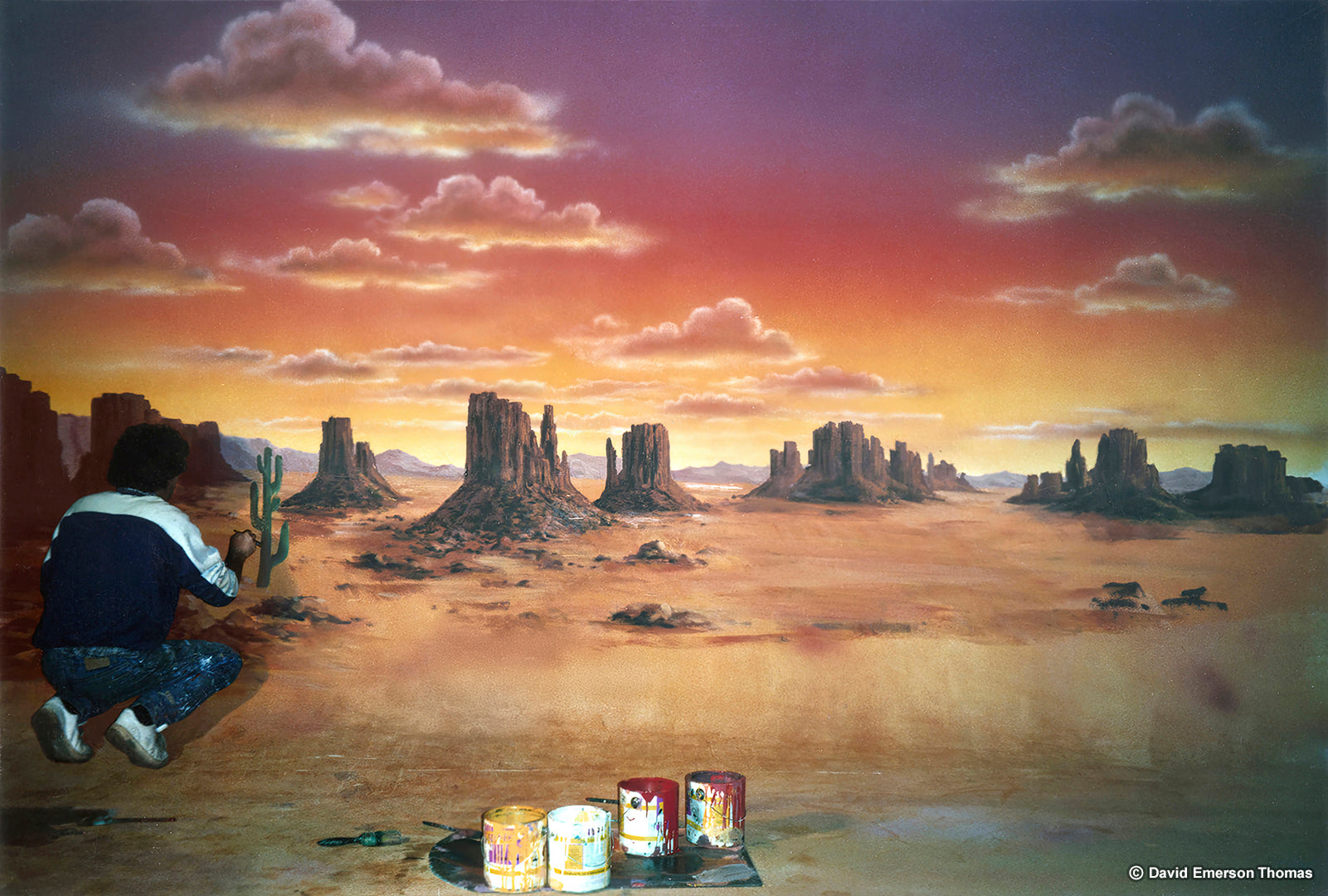 Desert Backdrop for Kids Summer Fashion (David in Action) acrylic scenery paint by Australian artist David E Thomas, 1989. Photographic Studio in Prahran, Victoria, Australia