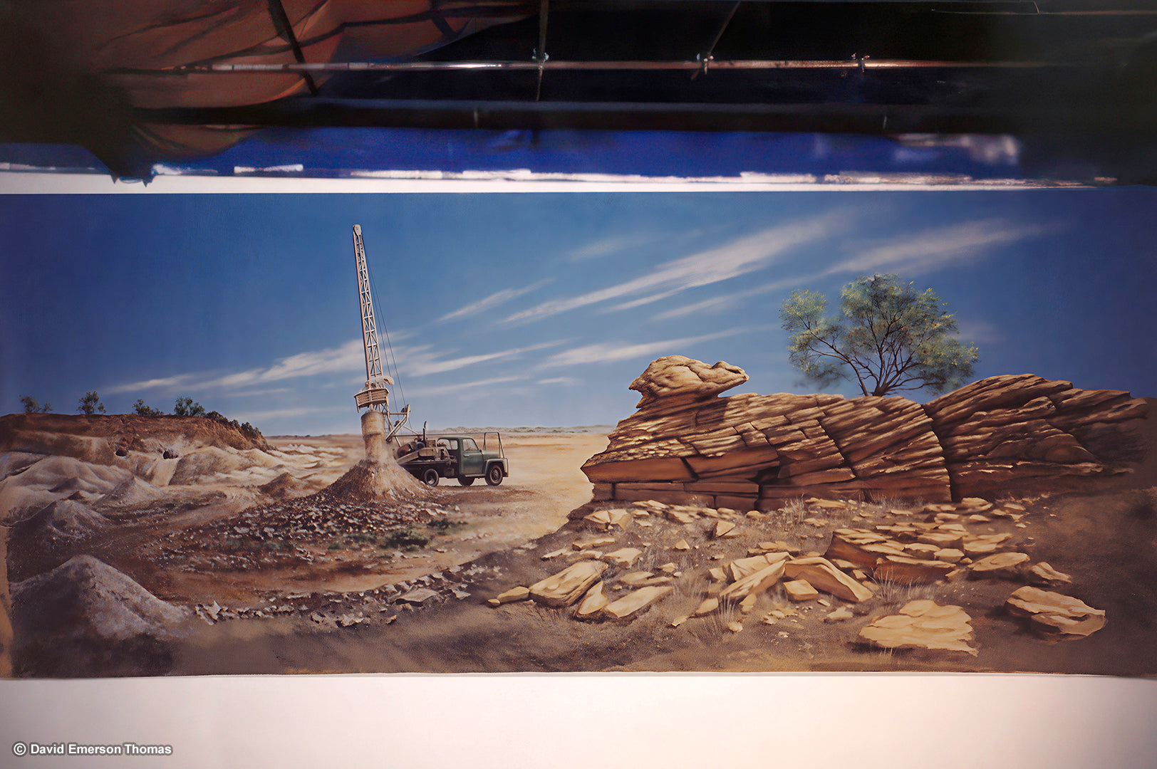 Giant Backdrop for the Opal History Wall at Cody Opal, Melbourne acrylic on canvas (10 metres x 3 metres) by Australian artist David E Thomas, 1998. Theatrical Props Studio in Port Melbourne, Victoria, Australia