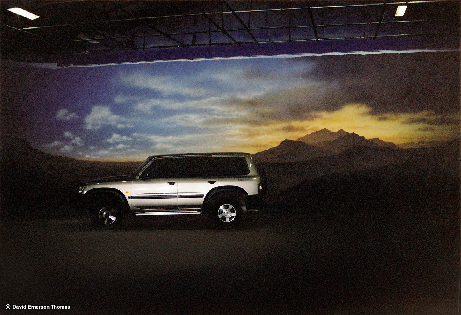 Giant Studio Backdrop for Car Commercial + His 4x4 for Scale scenic paint on canvas by Australian artist David E Thomas, 1997. Horizon Films - St Kilda, Victoria, Australia
