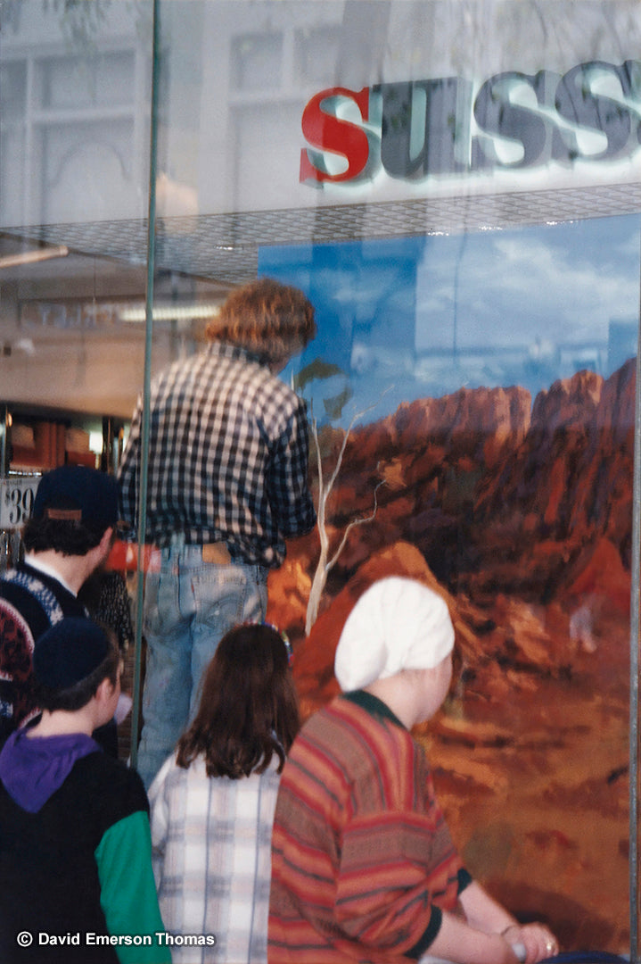 Live Mural Painting in Sussan’s Window Display, Melbourne CBD (David in Action) acrylic on board by Australian artist David E Thomas, 1995. Sussan Clothing Store - Melbourne CBD, Victoria, Australia