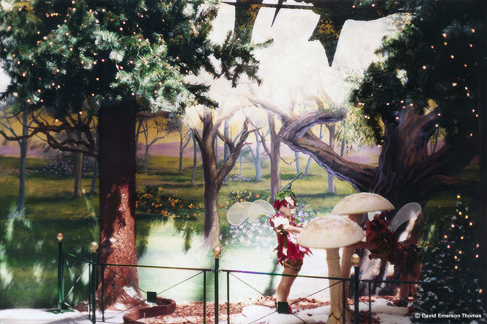Enchanted Woods Backdrop for Christmas Display acrylic on canvas by Australian artist David E Thomas, 1995. Base of Coop’s Shot Tower - Melbourne Central Shopping Centre, Victoria, Australia