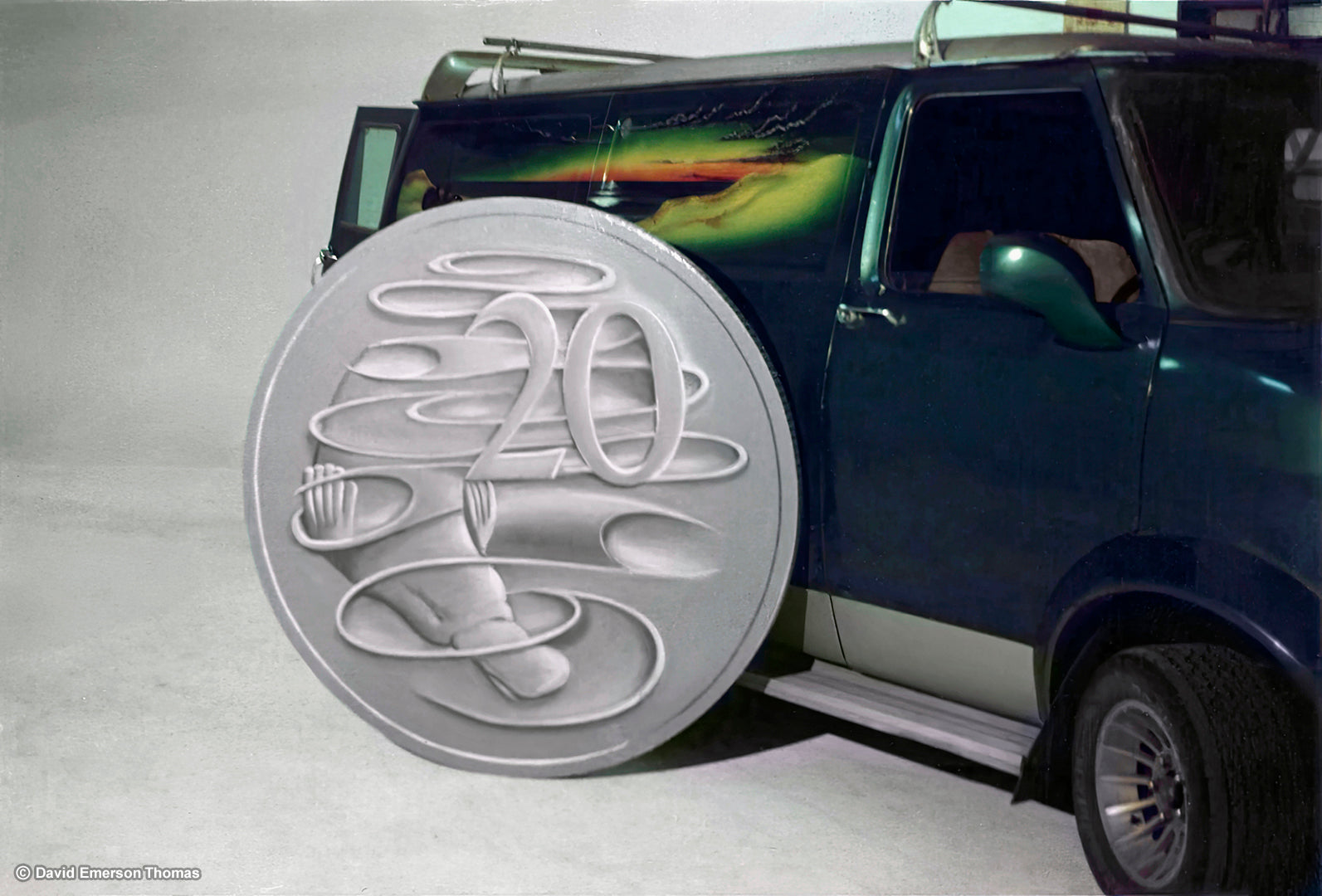 120cm Australian Metre 20 Cent Coin (Front) + David's Custom Bedford Van acrylic paint on plywood + 2-pack vehicle paint, sprayed by Australian artist David E Thomas, 1990. Theatrical Props Studio in Port Melbourne, Victoria, Australia