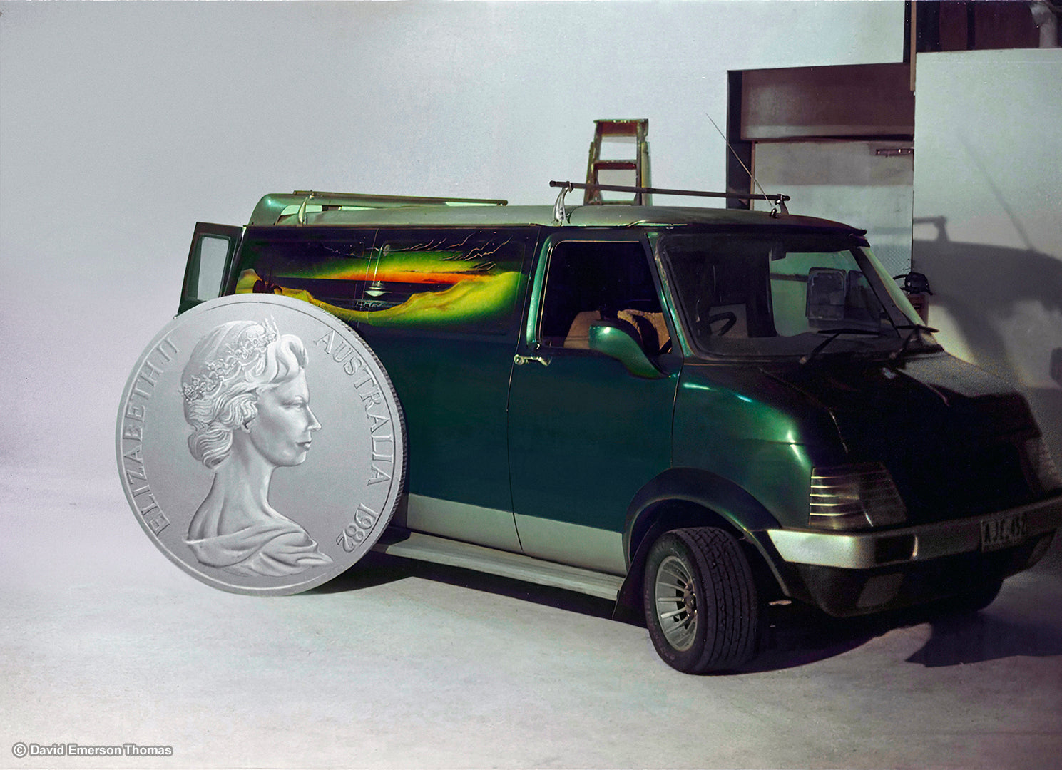 120cm Australian Metre 20 Cent Coin (Back) + David's Custom Bedford Van acrylic paint on plywood + 2-pack vehicle paint, sprayed by Australian artist David E Thomas, 1990. Theatrical Props Studio in Port Melbourne, Victoria, Australia