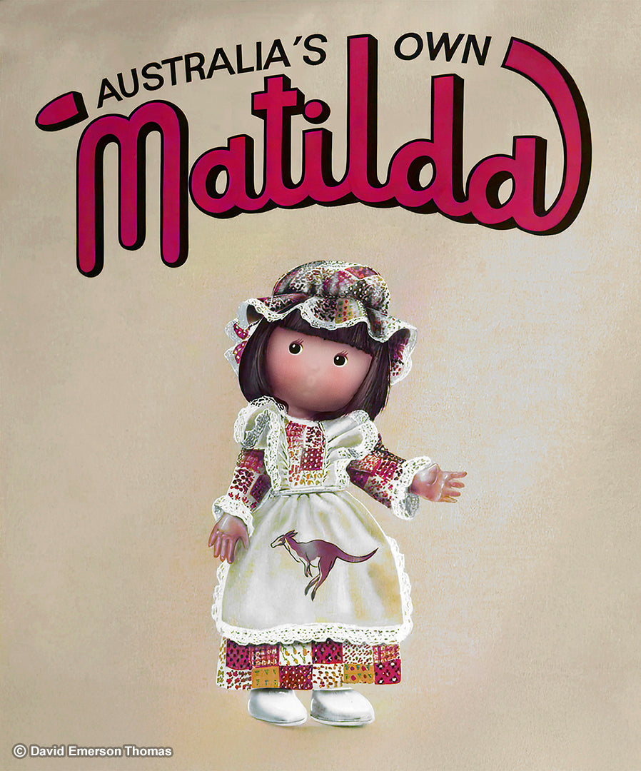 Signage for Marlow Toys, Matilda Doll Promotion acrylic on customwood panels by Australian artist David E Thomas, 1980. Marlow Toys - Melbourne, Victoria, Australia