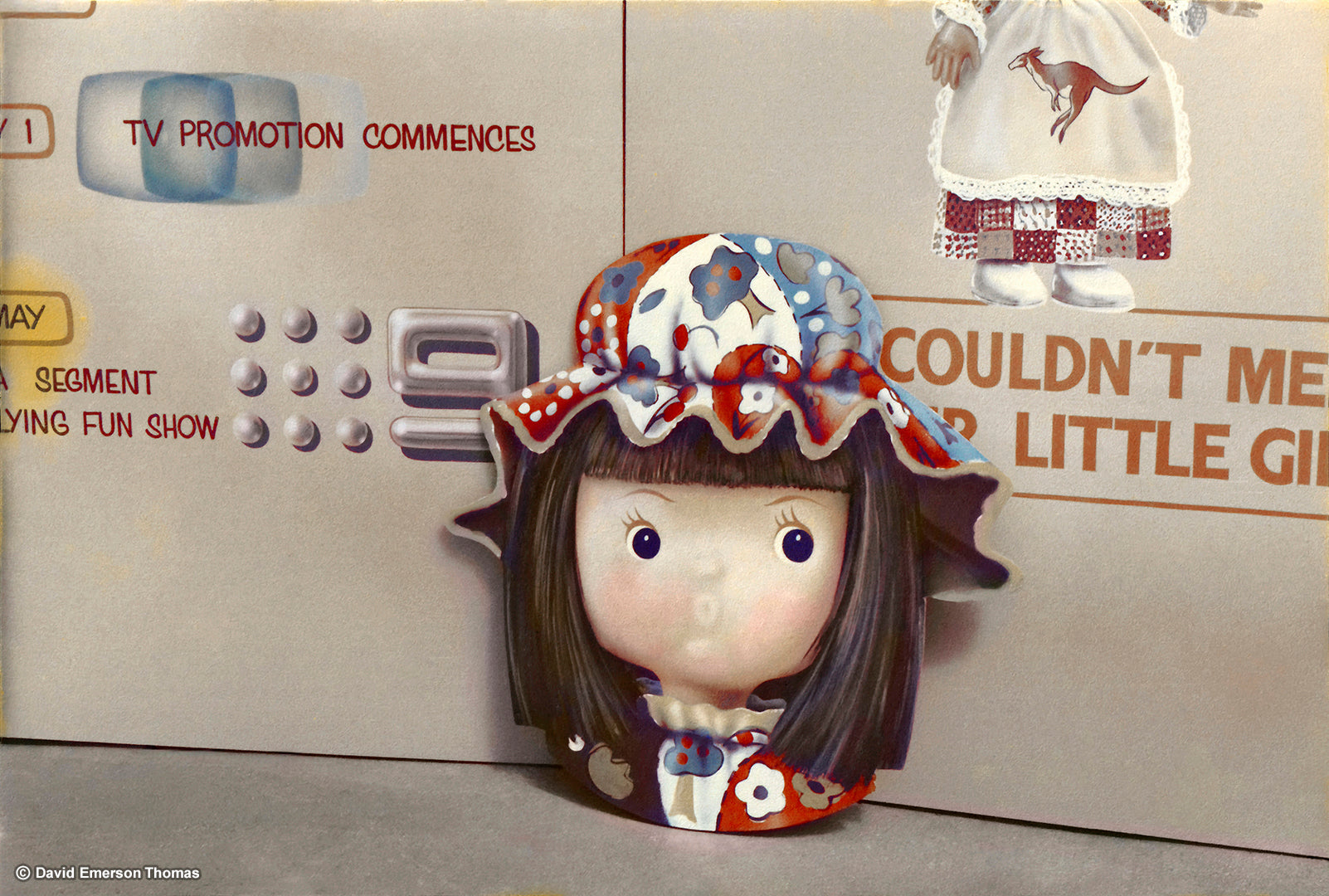Signage + Cutout for Marlow Toys, Matilda Doll Promotion acrylic on customwood panels by Australian artist David E Thomas, 1980. Marlow Toys - Melbourne, Victoria, Australia