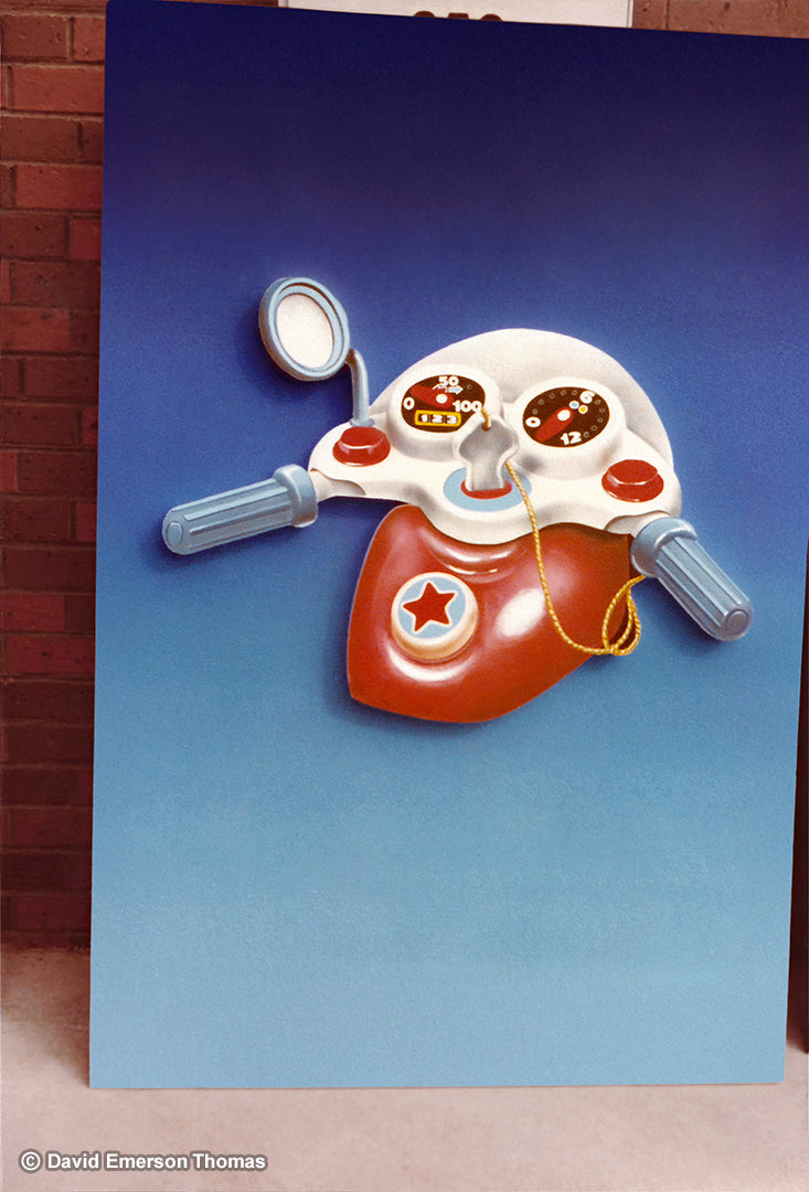 Lifelike Signage for Marlow Toys, Motorcycle Toy Promotion acrylic on customwood panels by Australian artist David E Thomas, 1980. Marlow Toys - Melbourne, Victoria, Australia