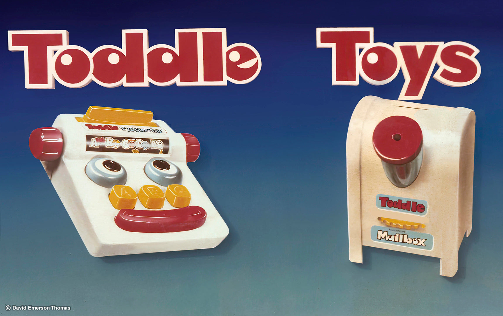 Lifelike Signage for Marlow Toys, Typewriter & Mailbox Toy Promotion (In Situ) acrylic on customwood panels by Australian artist David E Thomas, 1980. Marlow Toys - Melbourne, Victoria, Australia