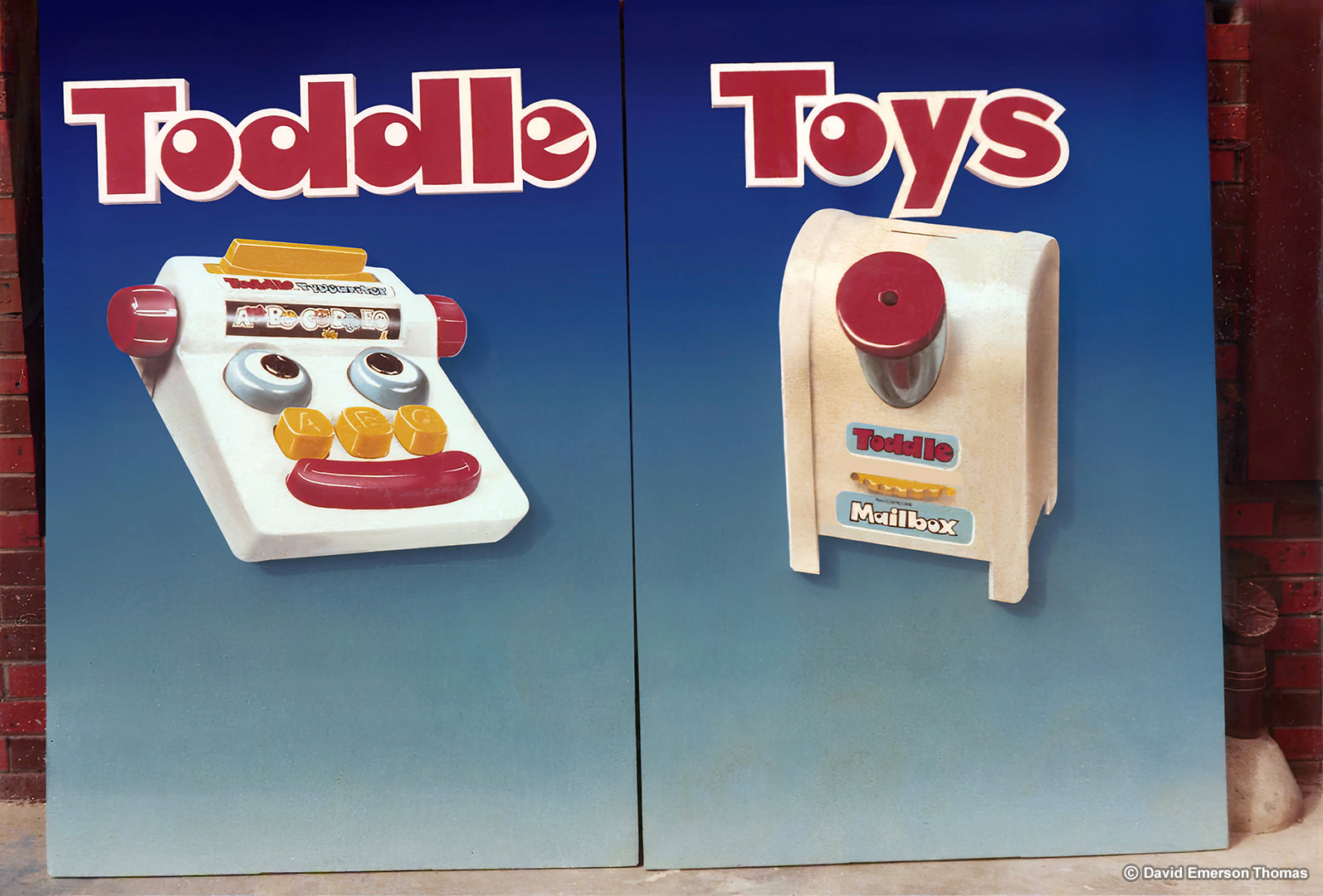 Lifelike Signage for Marlow Toys, Typewriter & Mailbox Toy Promotion acrylic on customwood panels by Australian artist David E Thomas, 1980. Marlow Toys - Melbourne, Victoria, Australia