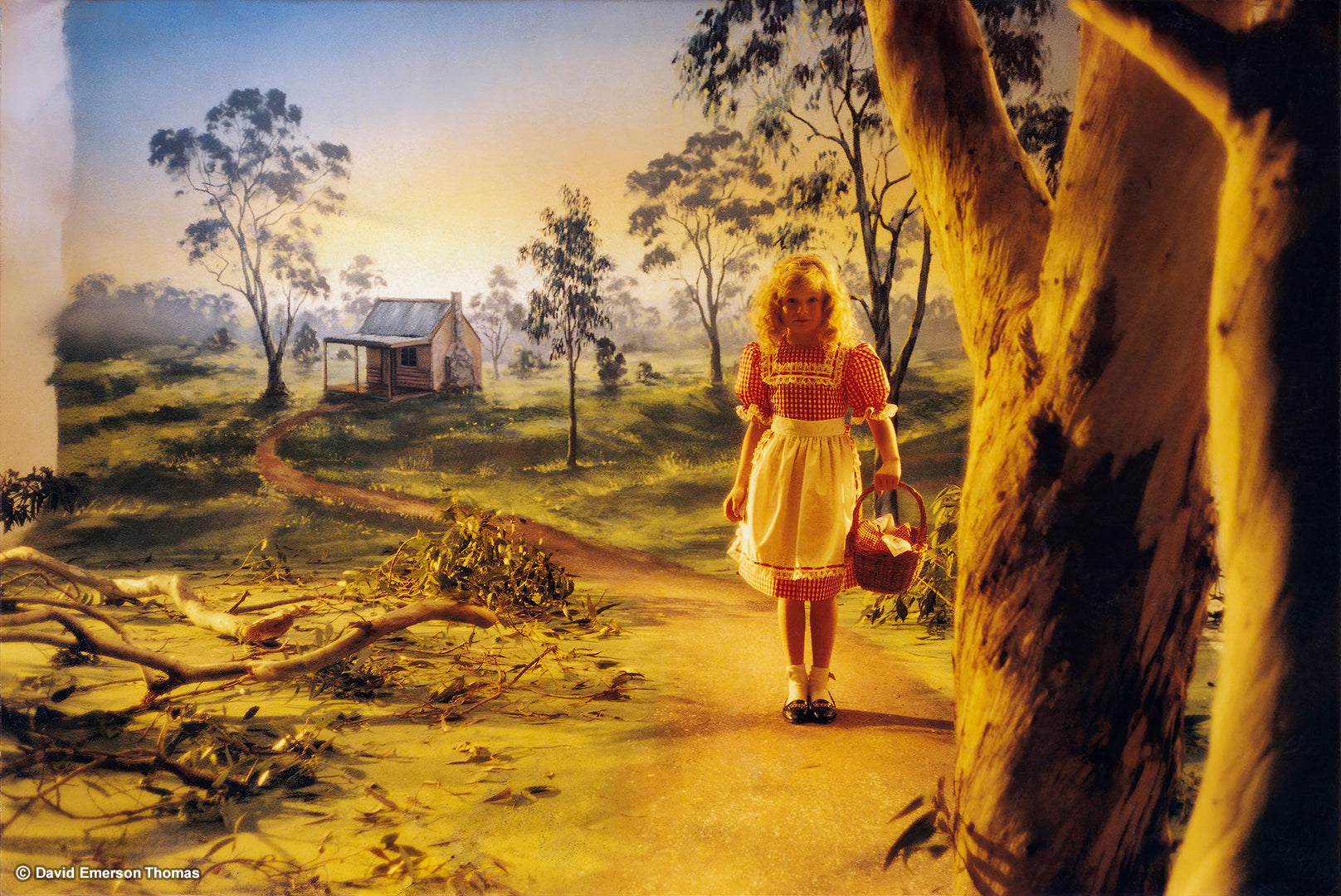 Rural Australian Backdrop for a Children's TV Commercial (Test Shot of Young Actress) scenic paint on canvas (10 metres wide) by Australian artist David E Thomas, 1990. Illusions Studio - Port Melbourne, Victoria, Australia