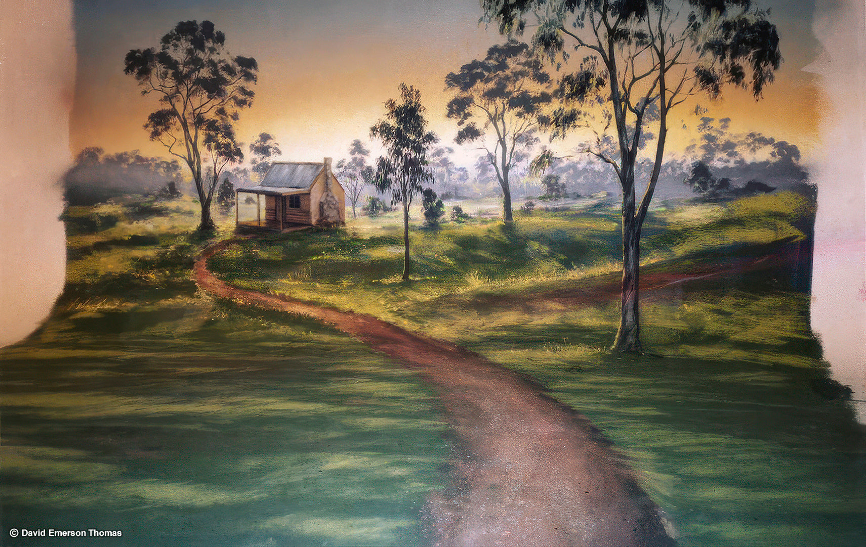 Rural Australian Backdrop for a Children's TV Commercial scenic paint on canvas (10 metres x 20 metres) by Australian artist David E Thomas, 1990. Illusions Studio - Port Melbourne, Victoria, Australia