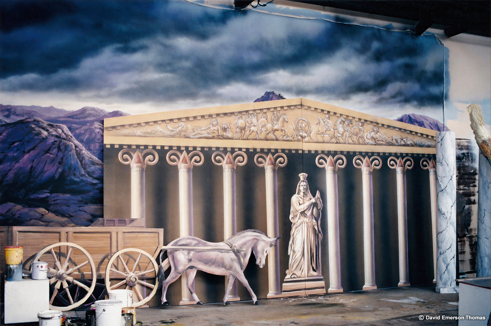Mountain Mural, Greek Temple & Cutouts for a College Stage Production scenic paint on canvas (10 metres wide) & plywood cutouts by Australian artist David E Thomas, 1983. St Kilda, Victoria, Australia