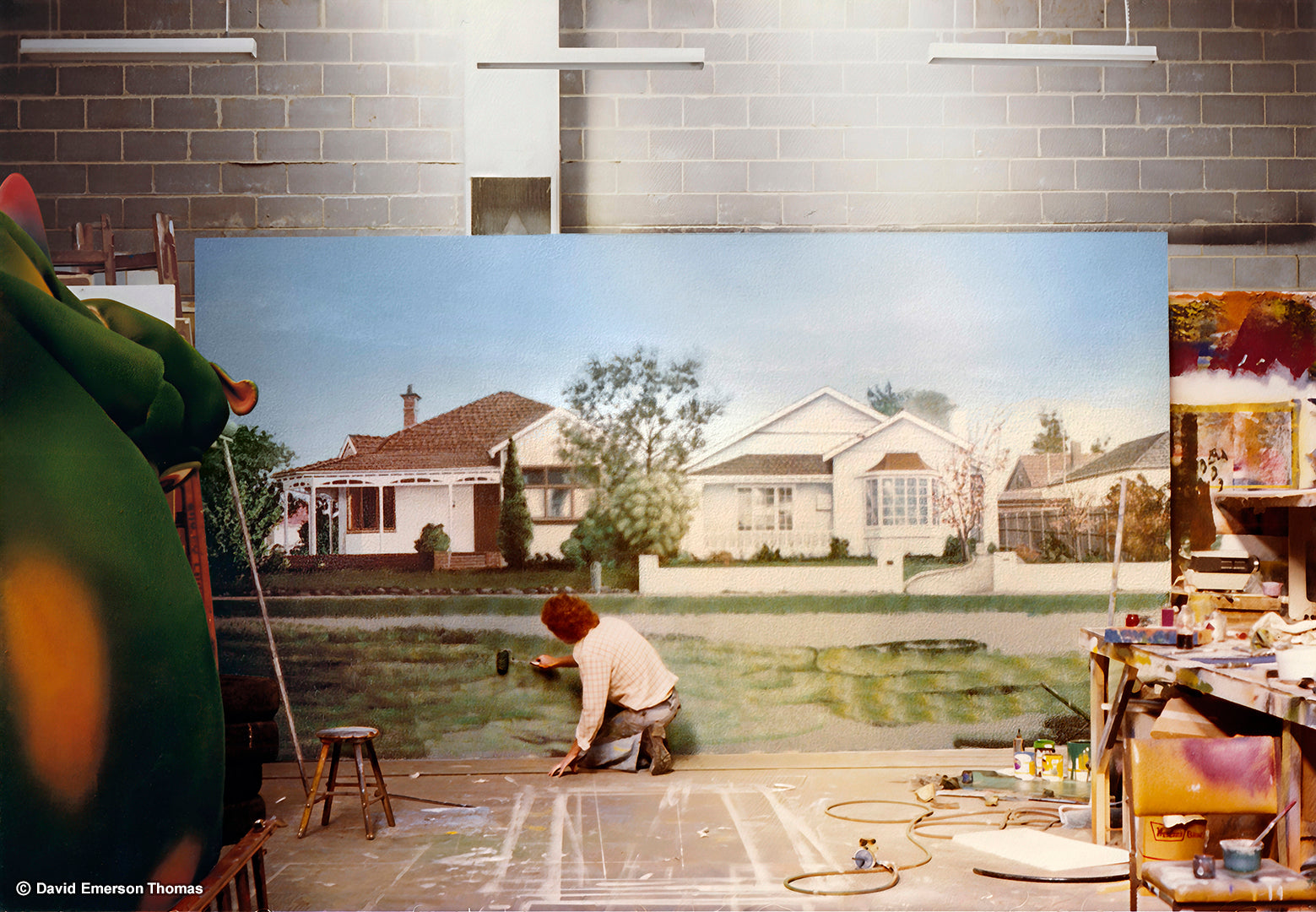 Backdrop for a Community Housing Seminar (David in Action) scenic paint on plywood by Australian artist David E Thomas, 1981. Workshop in Knoxfield, Victoria, Australia