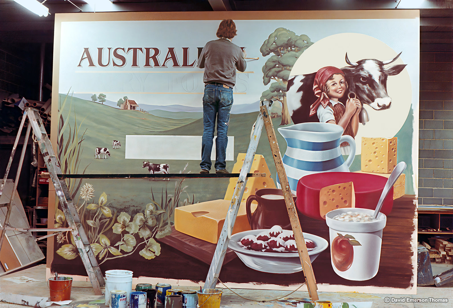Australian Dairy Corporation Promotion (David in Action) scenic paint on plywood by Australian artist David E Thomas, 1981. Workshop in Knoxfield, Victoria, Australia