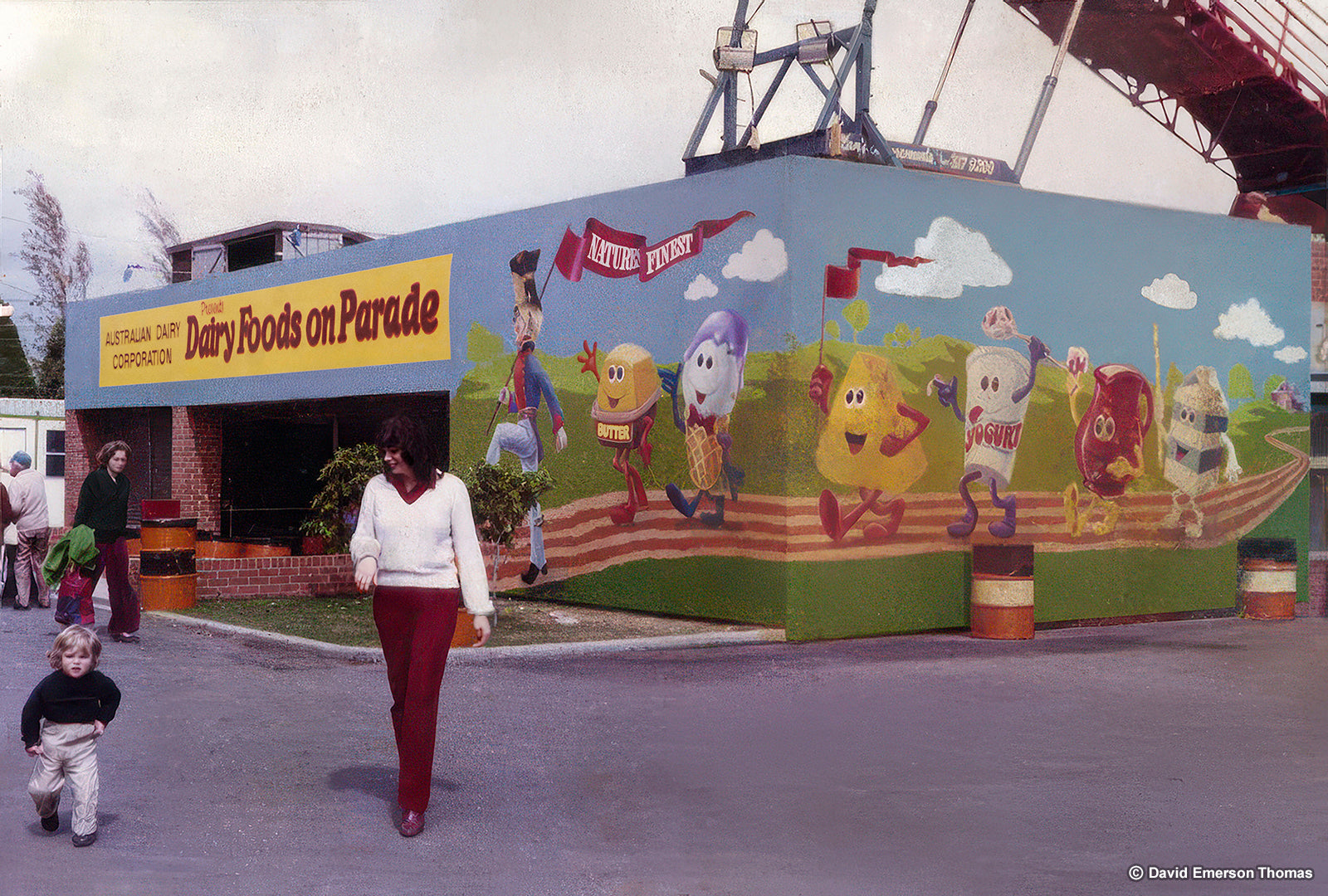 Dairy Pavilion Building Murals at the Royal Melbourne Show (Featuring David's Wife, Glenda, & First Son, Mark) sign paint on walls & marine plywood by Australian artist David E Thomas, 1980. Melbourne Showgrounds - Ascot Vale, Victoria, Australia