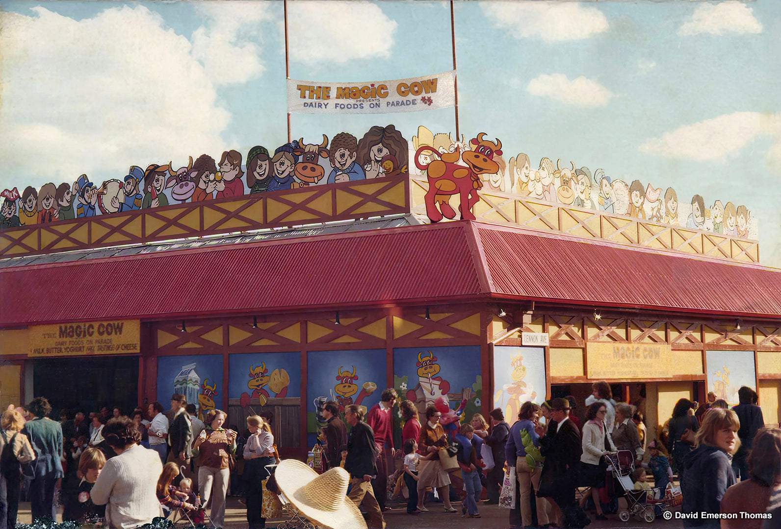 Dairy Pavilion Building Murals & Character Cutouts at the Royal Melbourne Show sign paint on walls & marine plywood by Australian artist David E Thomas, 1980. Melbourne Showgrounds - Ascot Vale, Victoria, Australia