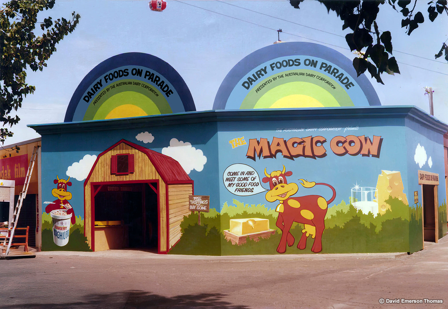 Dairy Pavilion Building Murals & Cutout Signage at the Sydney Royal Easter Show sign paint on walls & marine plywood by Australian artist David E Thomas, 1980. Sydney Showground - Sydney Olympic Park, Sydney, Australia