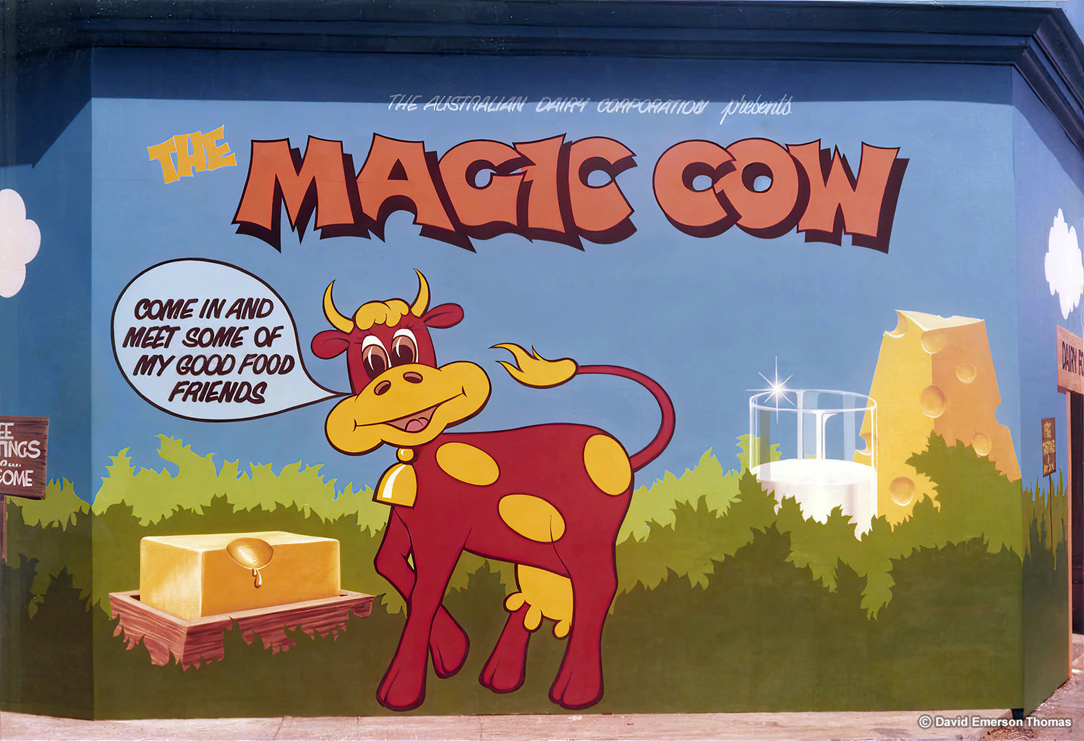 Magic Cow Mural for the Dairy Pavilion Building at the Sydney Royal Easter Show sign paint on walls by Australian artist David E Thomas, 1980. Sydney Showground - Sydney Olympic Park, Sydney, Australia