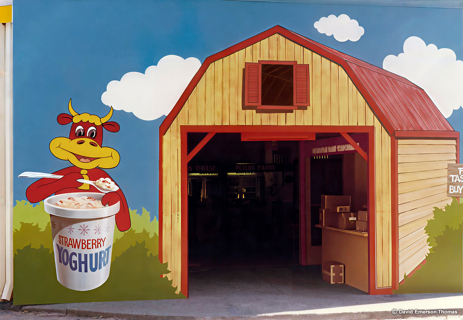 Cow + Barn Mural for the Dairy Pavilion Building at the Sydney Royal Easter Show sign paint on walls by Australian artist David E Thomas, 1980. Sydney Showground - Sydney Olympic Park, Sydney, Australia