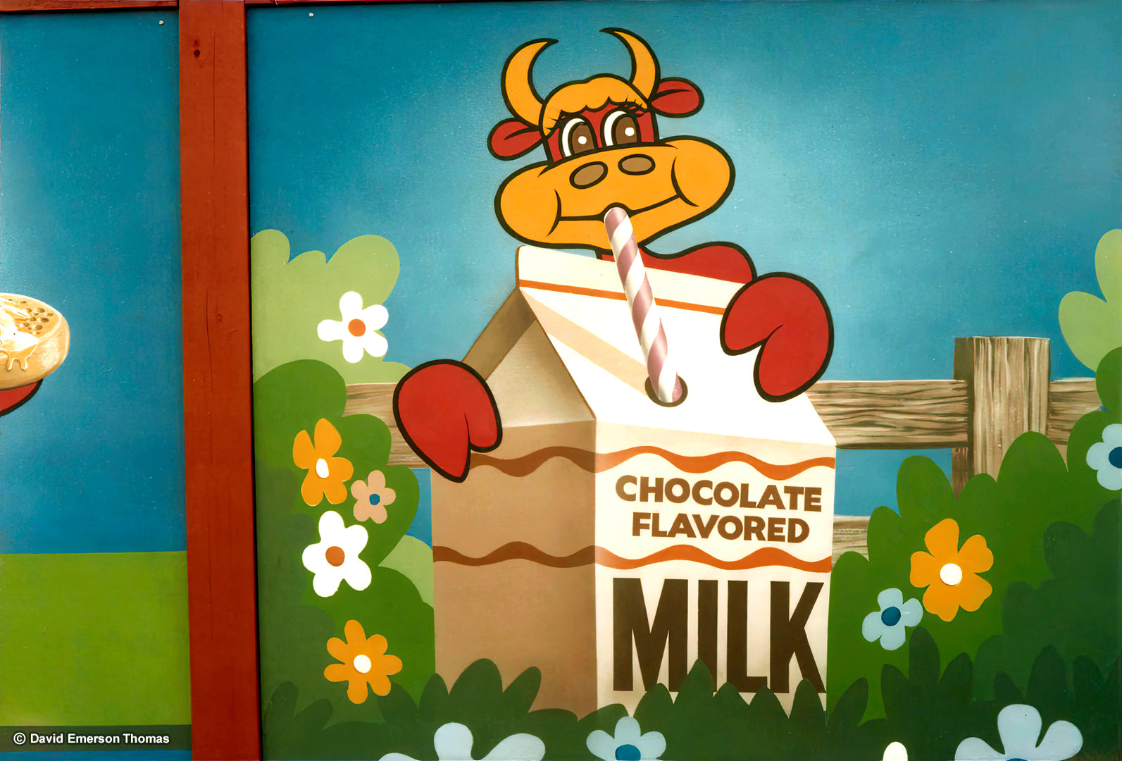 Cow + Milk Mural for the Dairy Pavilion Building at the Sydney Royal Easter Show sign paint on walls by Australian artist David E Thomas, 1980. Sydney Showground - Sydney Olympic Park, Sydney, Australia