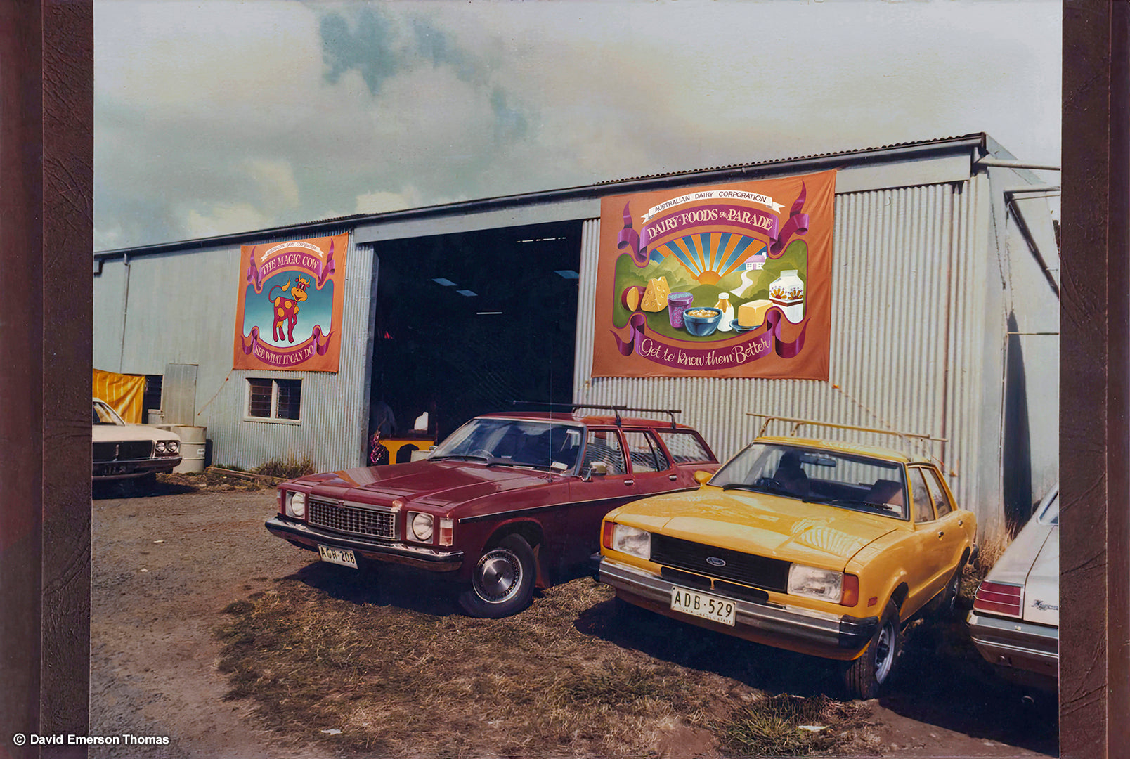 Banners for the Australian Dairy Corporation's Travelling Country Shows sign paint on marine canvas by Australian artist David E Thomas, 1981. Rural New South Wales
