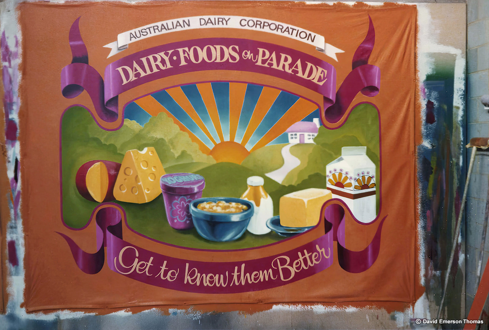 Banner for the Australian Dairy Corporation's Travelling Country Shows (Banner 01) sign paint on marine canvas by Australian artist David E Thomas, 1981. Rural New South Wales