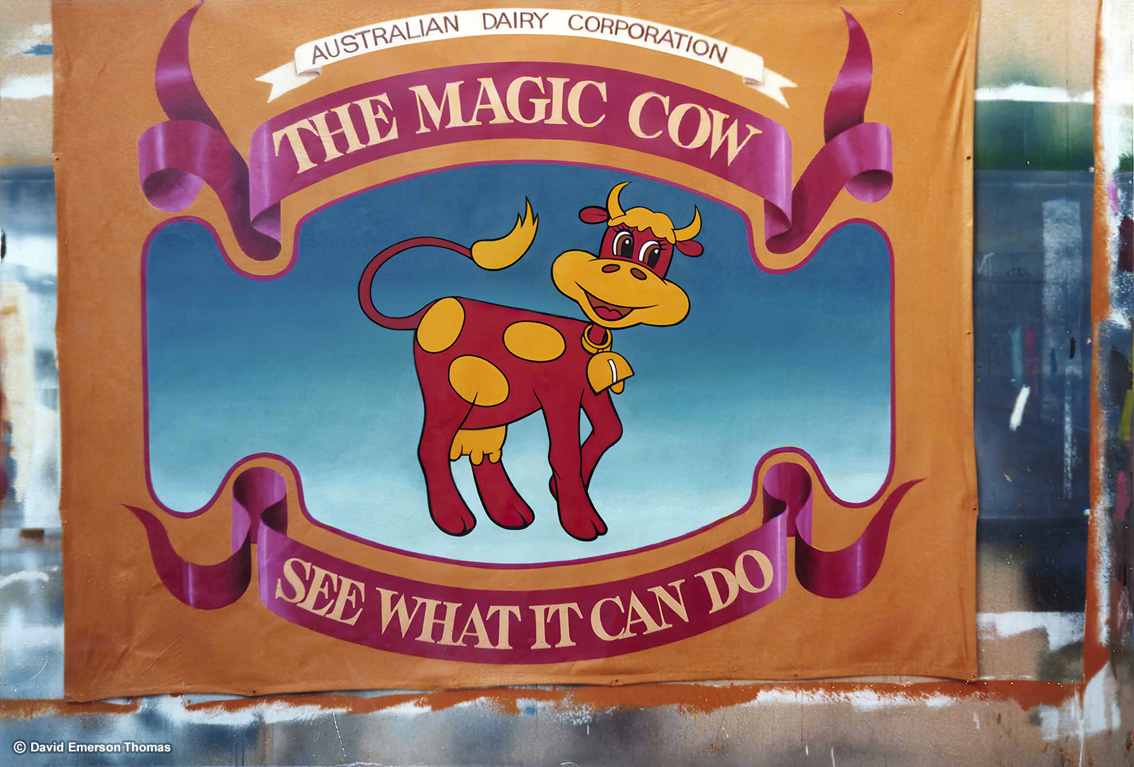 Banner for the Australian Dairy Corporation's Travelling Country Shows (Banner 02) sign paint on marine canvas by Australian artist David E Thomas, 1981. Rural New South Wales