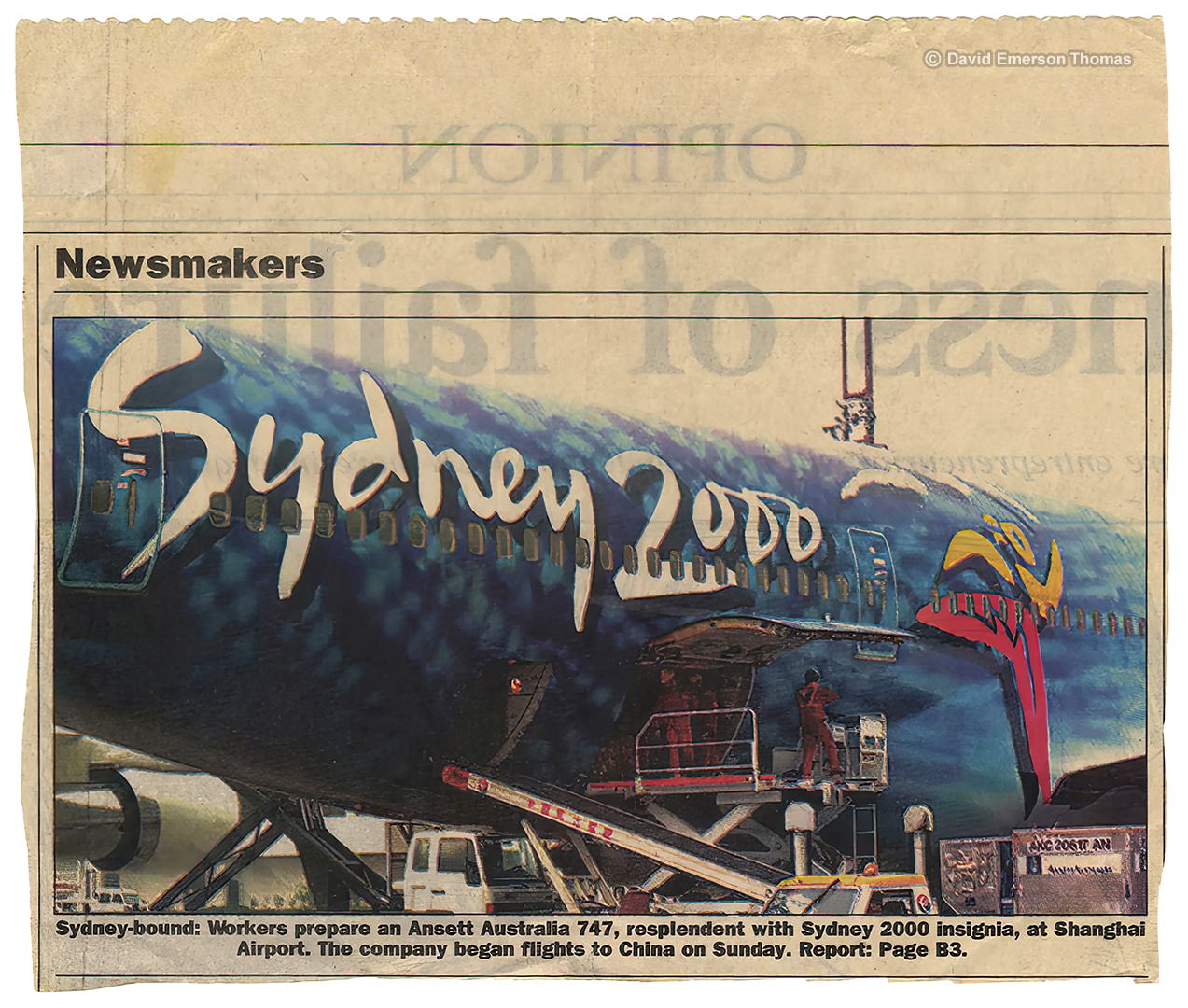 Hand-Painted Plane Livery for the Sydney 2000 Olympics (Australian Newspaper Clipping 01) 2-pack aircraft paint, sprayed by Australian artist David E Thomas, 1999. Australian Newspaper Clipping & Photo in Article: Shanghai Hongqiao International Airport (SHA), China
