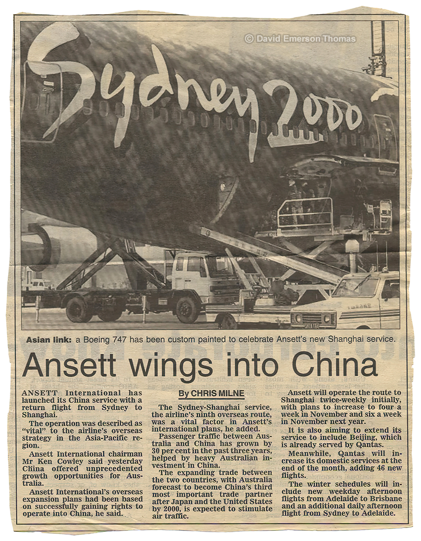 Hand-Painted Plane Livery for the Sydney 2000 Olympics (Australian Newspaper Clipping 02) 2-pack aircraft paint, sprayed by Australian artist David E Thomas, 1999. Australian Newspaper Clipping & Photo in Article: Shanghai Hongqiao International Airport (SHA), China