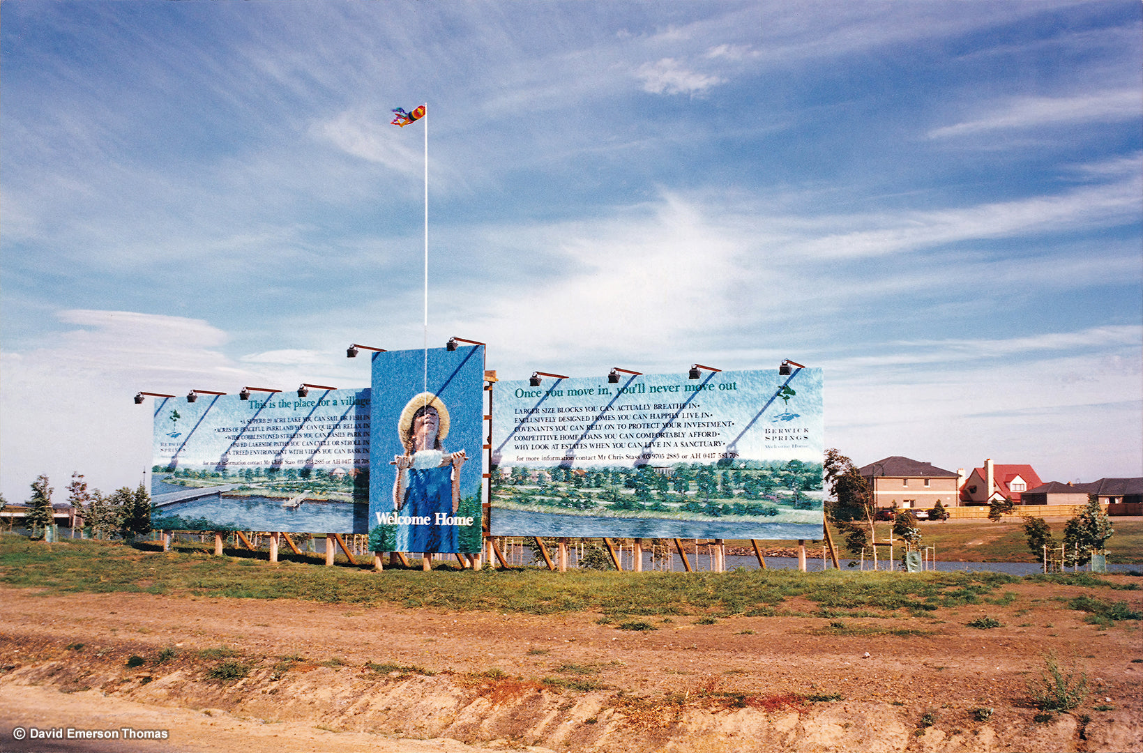Hand-Painted Billboard + Real Flying Kite for Berwick Springs Estate sign paint on marine plywood + real kite on pvc pipe "string" by Australian artist David E Thomas, 1996. Berwick Springs Promenade, Narre Warren South, Victoria, Australia