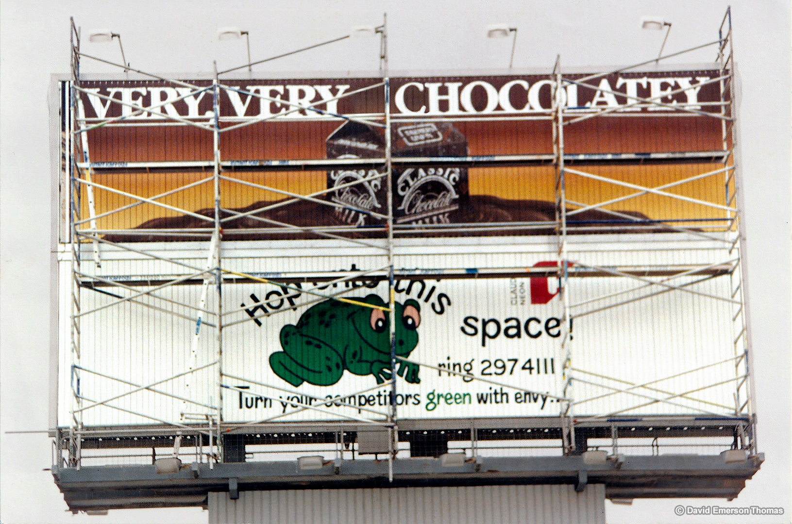 Hand-Painted Billboard for Pura Classic Chocolate Milk sign enamel on marine plywood panels by Australian artist David E Thomas, Circa 1980s. Painted in Melbourne, then Shipped and Installed in Adelaide