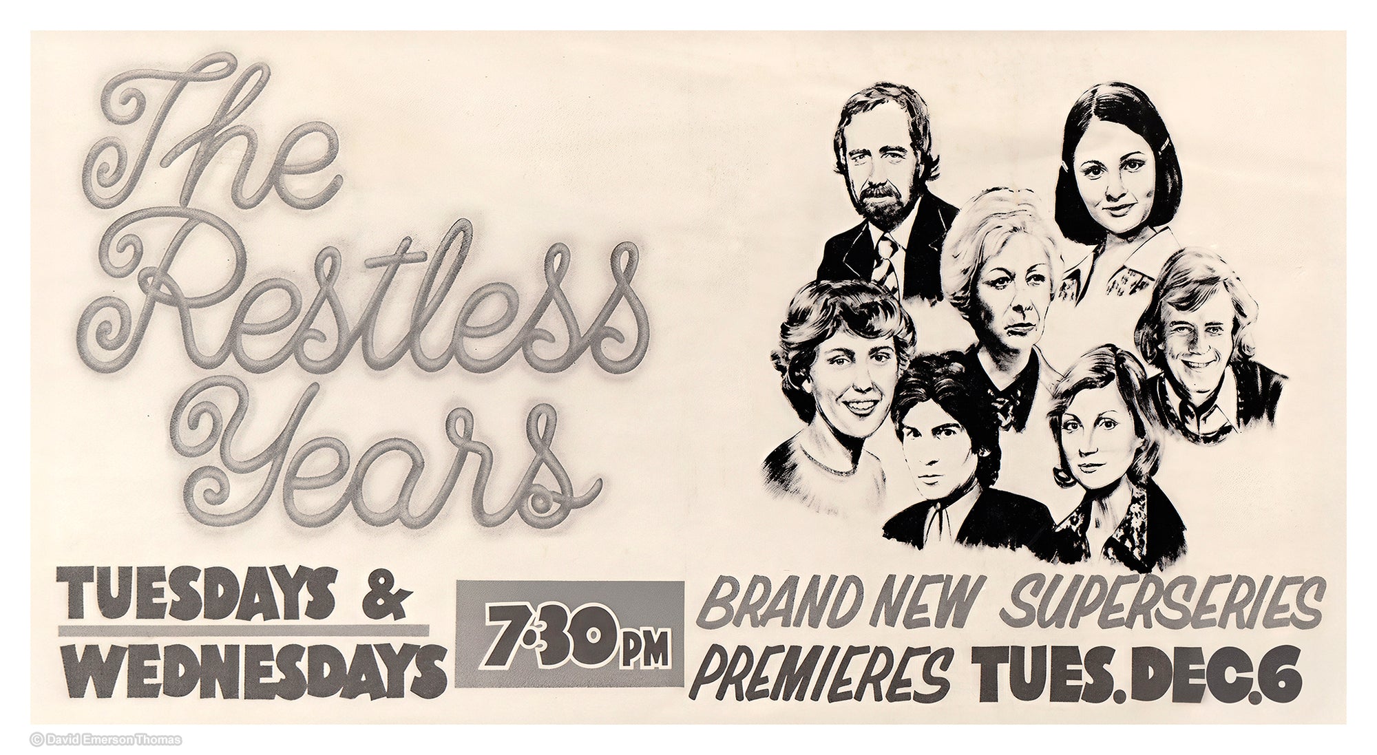 Hand-Painted Bus Billboard for ATV-0's The Restless Years (TV Show) acrylic on board by Australian artist David E Thomas, 1977. Melbourne, Victoria, Australia