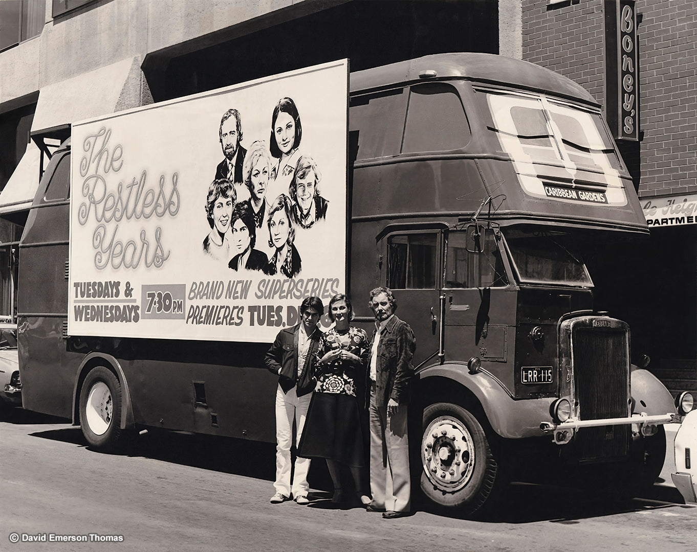 Hand-Painted Bus Billboard + Stars of ATV-0's The Restless Years (TV Show) acrylic on board by Australian artist David E Thomas, 1977. Melbourne, Victoria, Australia
