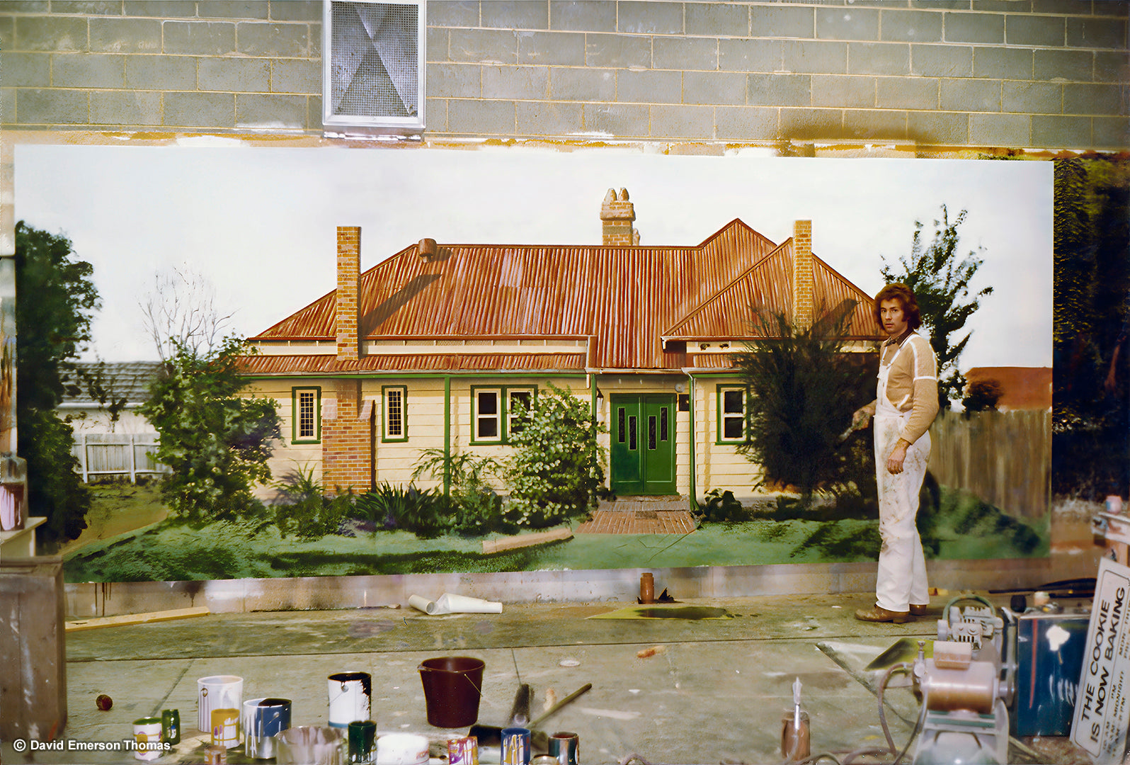 Backdrop for a Community Housing Seminar acrylic on plywood by Australian artist David E Thomas, 1976. Workshop in Knoxfield, Victoria, Australia