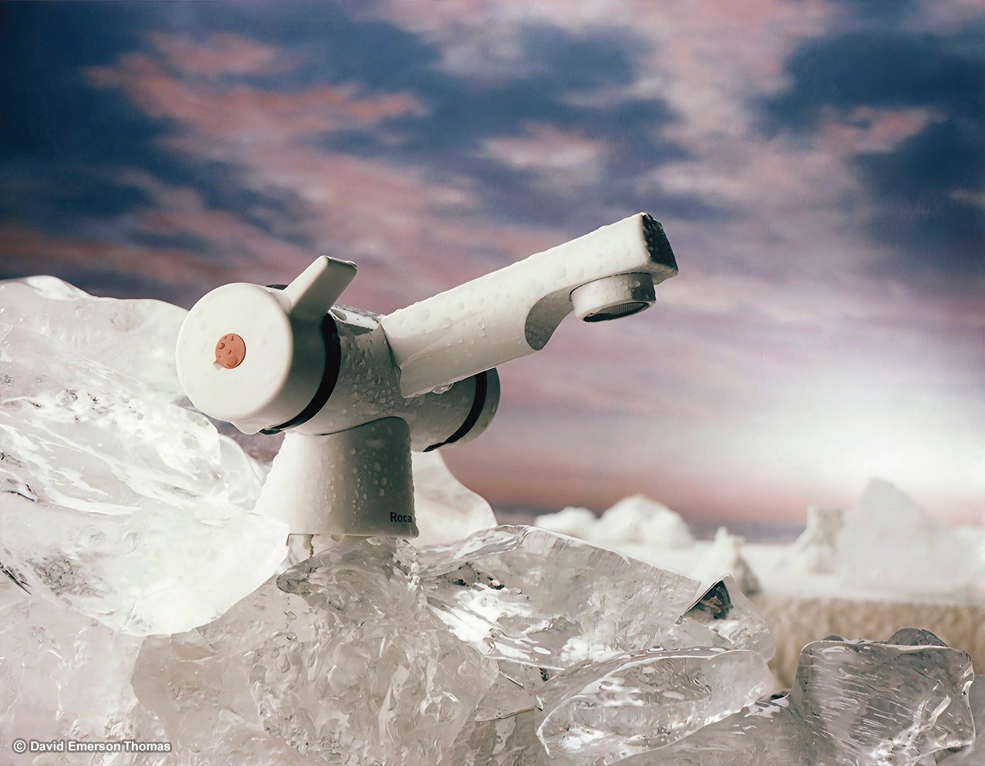 Sky Background & Miniature Landscape for Roca Tap Brochure (Sky 02) acrylic on canvas & sculpted styrofoam icebergs by Australian artist David E Thomas, 1995. Heaven Pictures Studio - South Yarra, Victoria, Australia