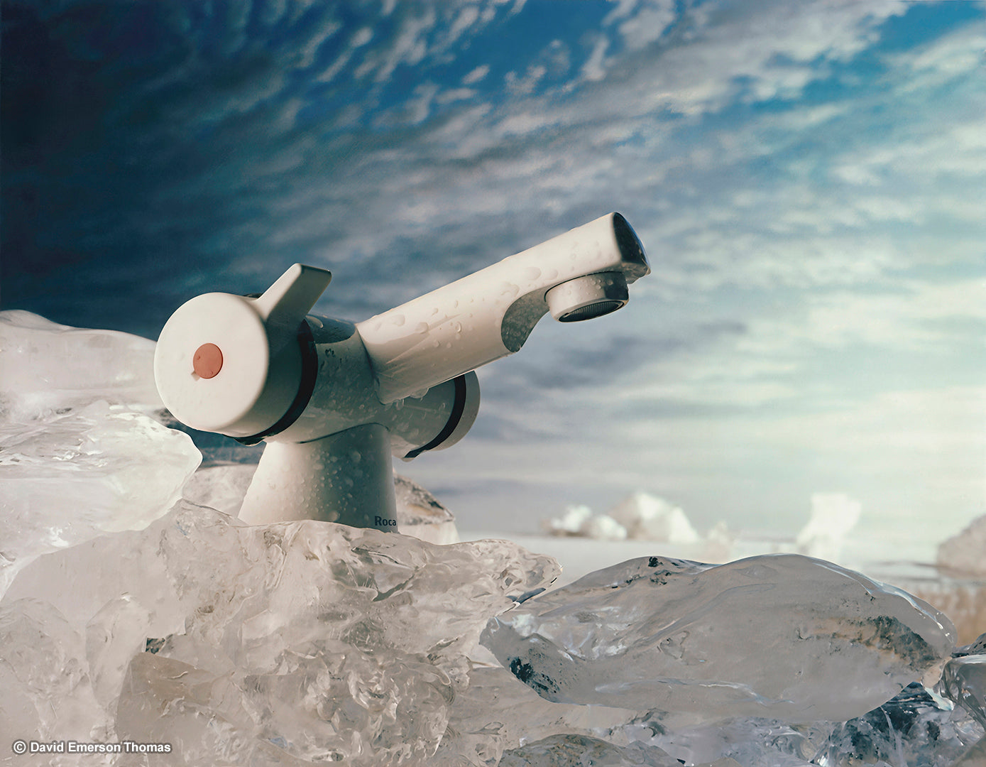 Sky Background & Miniature Landscape for Roca Tap Brochure (Sky 01) acrylic on canvas & sculpted styrofoam icebergs by Australian artist David E Thomas, 1995. Heaven Pictures Studio - South Yarra, Victoria, Australia